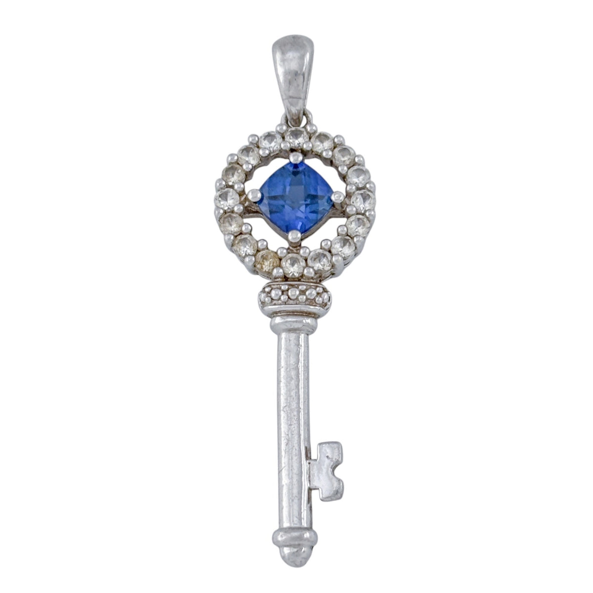 Vintage Sterling Silver 925 Lab Created Blue & White Sapphire Key Pendant