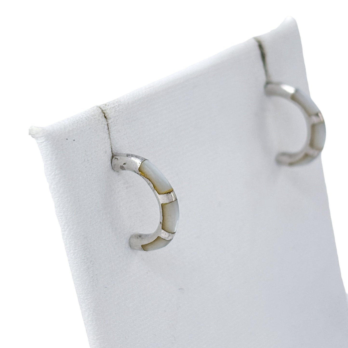 Vintage Sterling Silver 925 Mother of Pearl Inlay Hoop Earrings