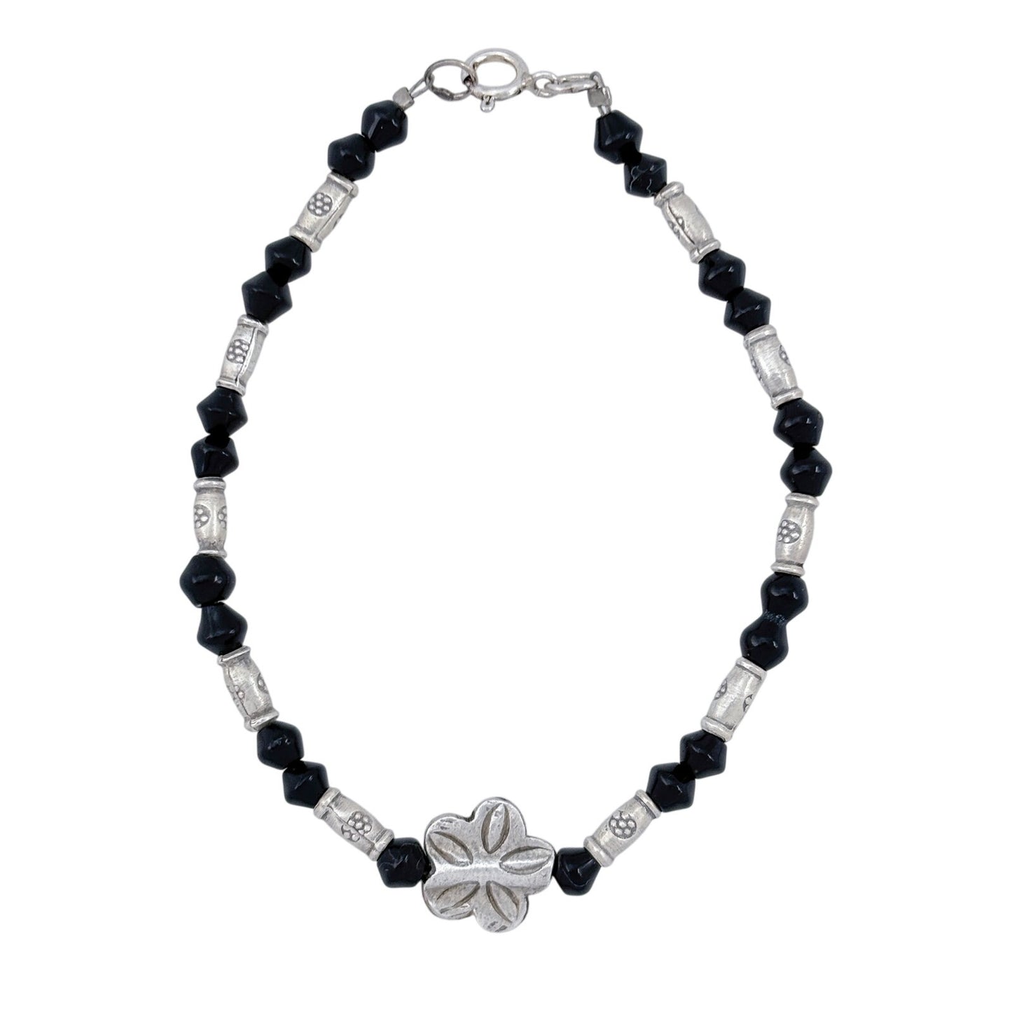 Vintage Sterling Silver 925 Black Onyx Flower Necklace 7"