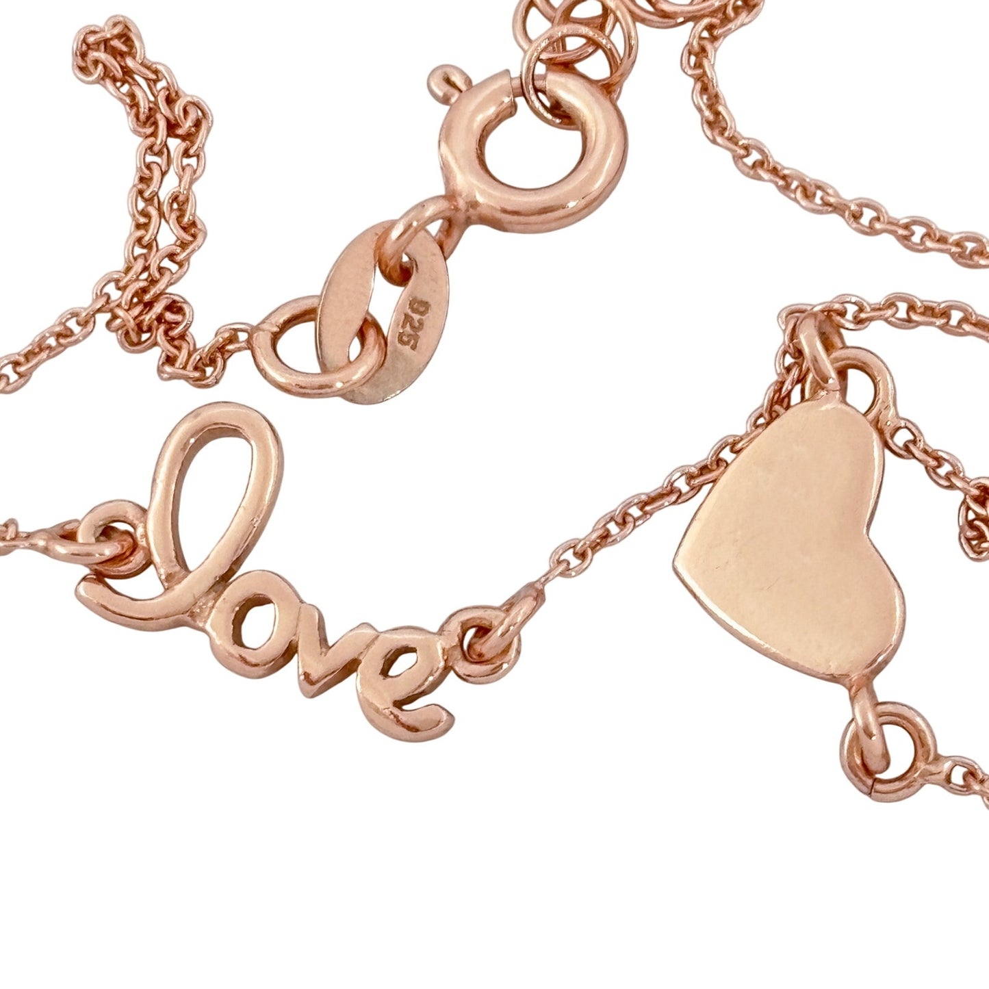 Vintage Rose Gold-Tone Sterling Silver 925 Love Heart Charm Anklet 9"-10"