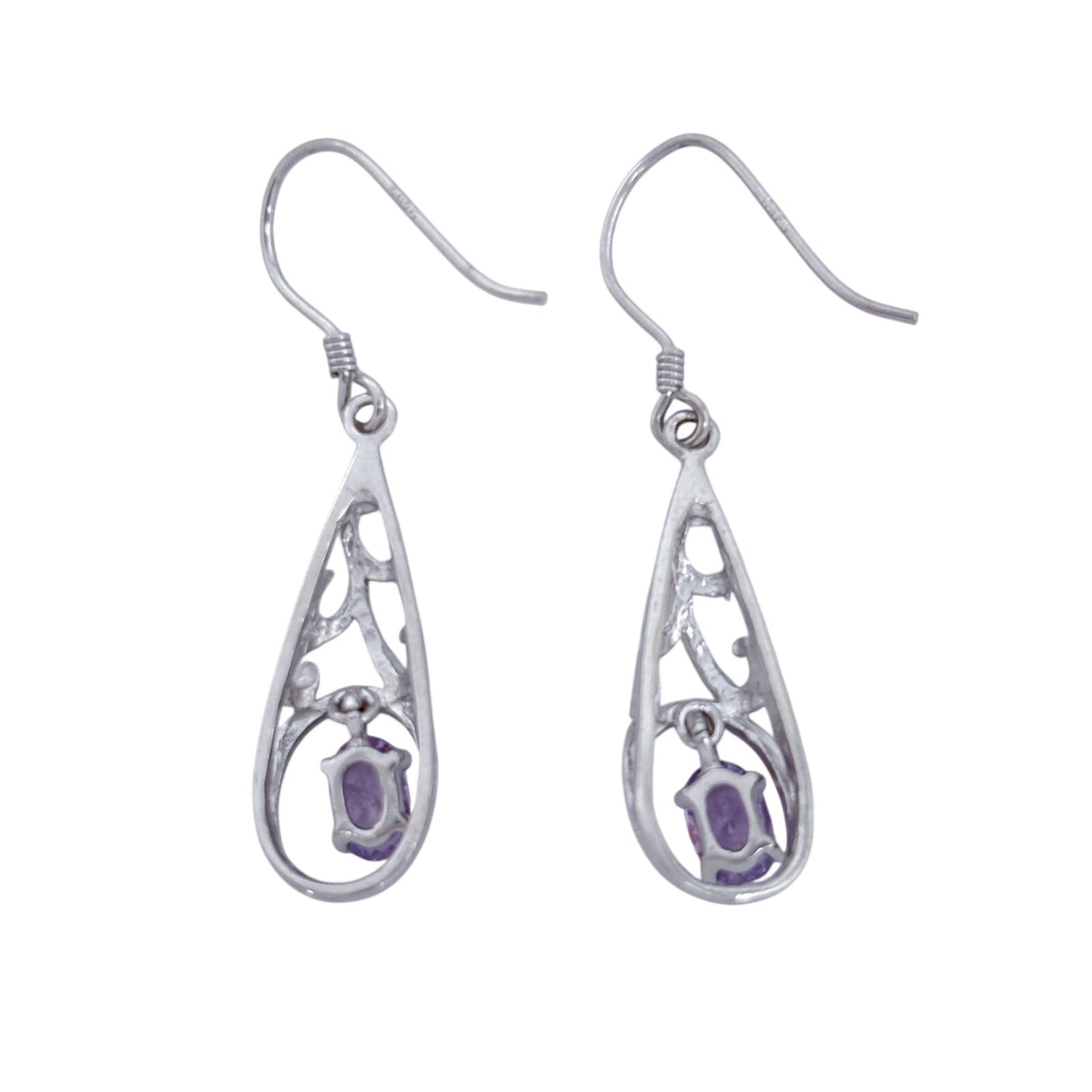 Estate Sterling Silver 925 Amethyst Filigree Dangle Earrings