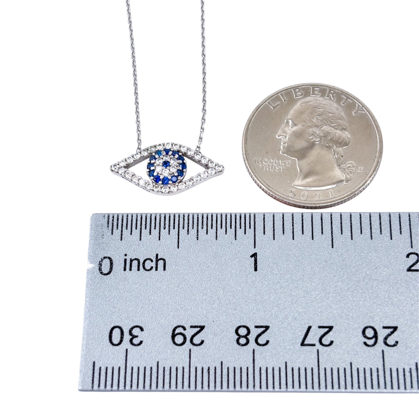 Vintage Sterling Silver 925 White Blue Crystal Evil Eye Necklace | 16"-18"