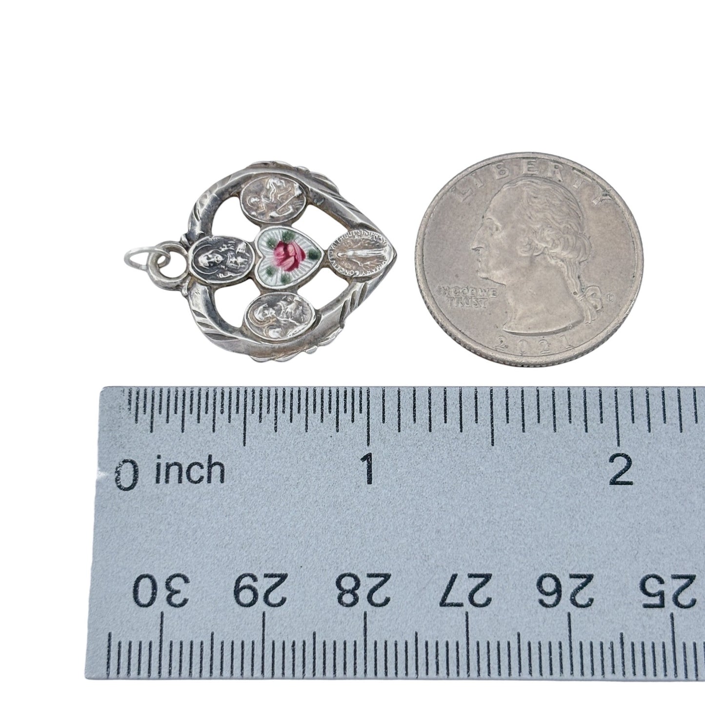 Vintage Sterling Silver 925 Sacred Heart Rose Pendant