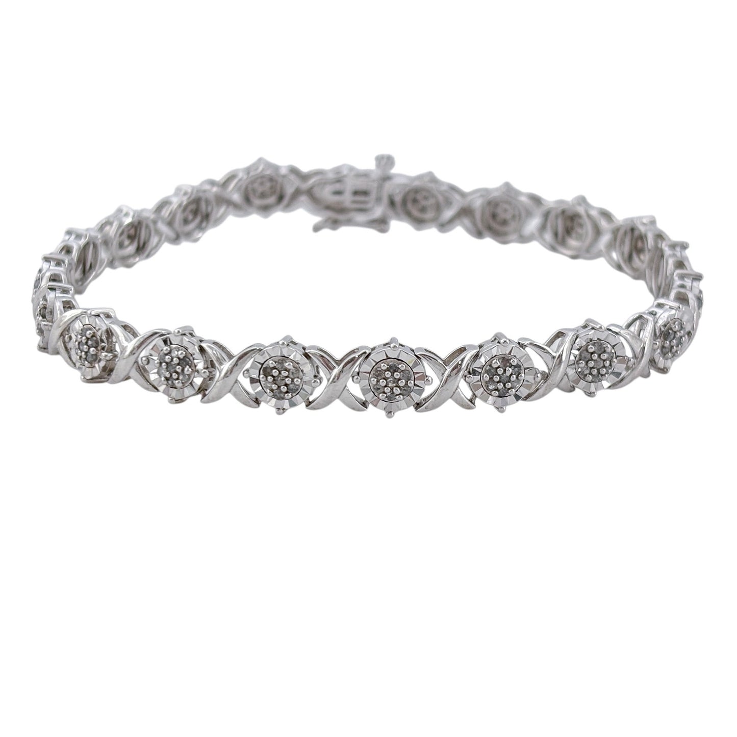 Vintage Sterling Silver 925 Diamond 0.73ctw Flower Link Bracelet 7.5"