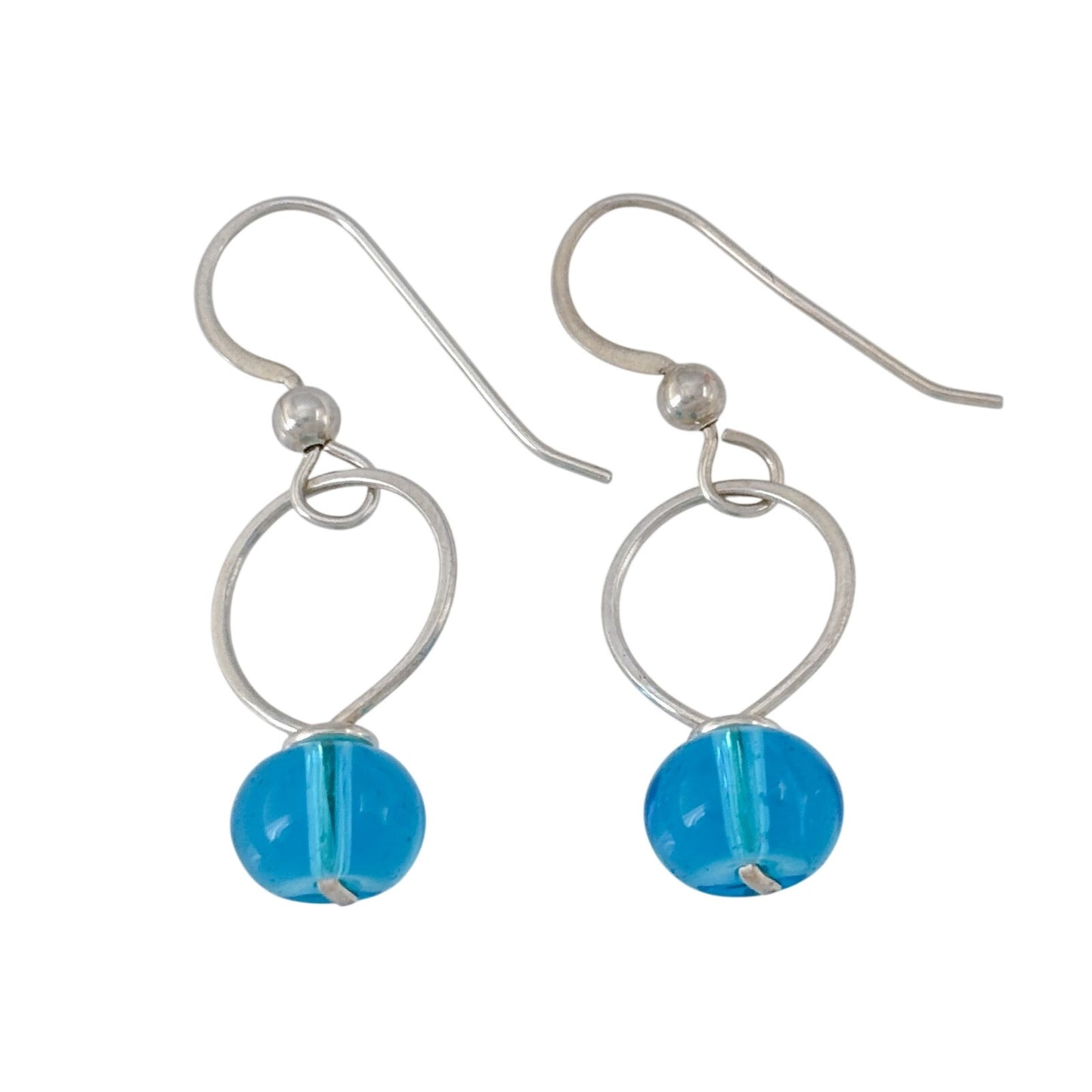 Vintage Sterling Silver 925 Blue Glass Hoop Dangle Earrings