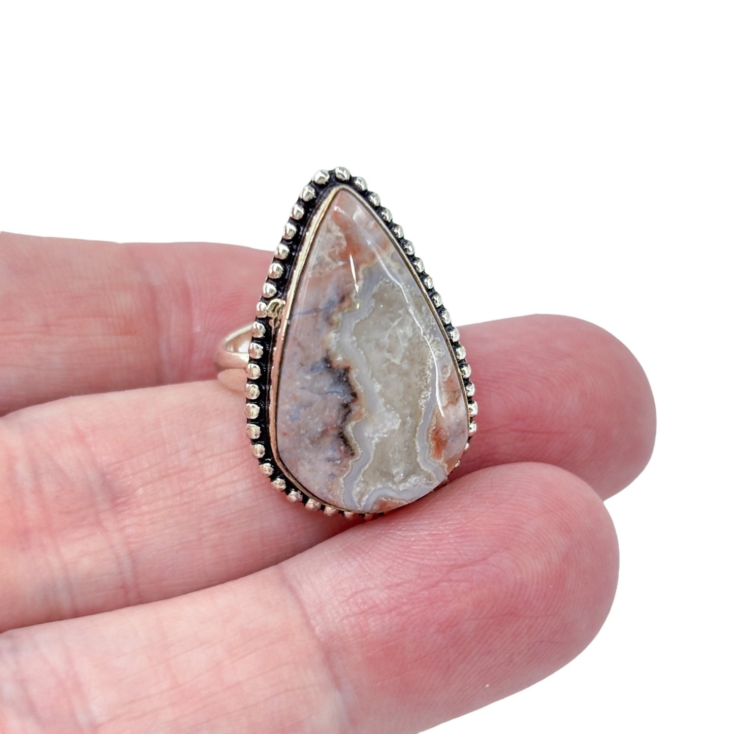 Vintage Sterling Silver 925 Teardrop Agate Statement Ring | Size 7.5