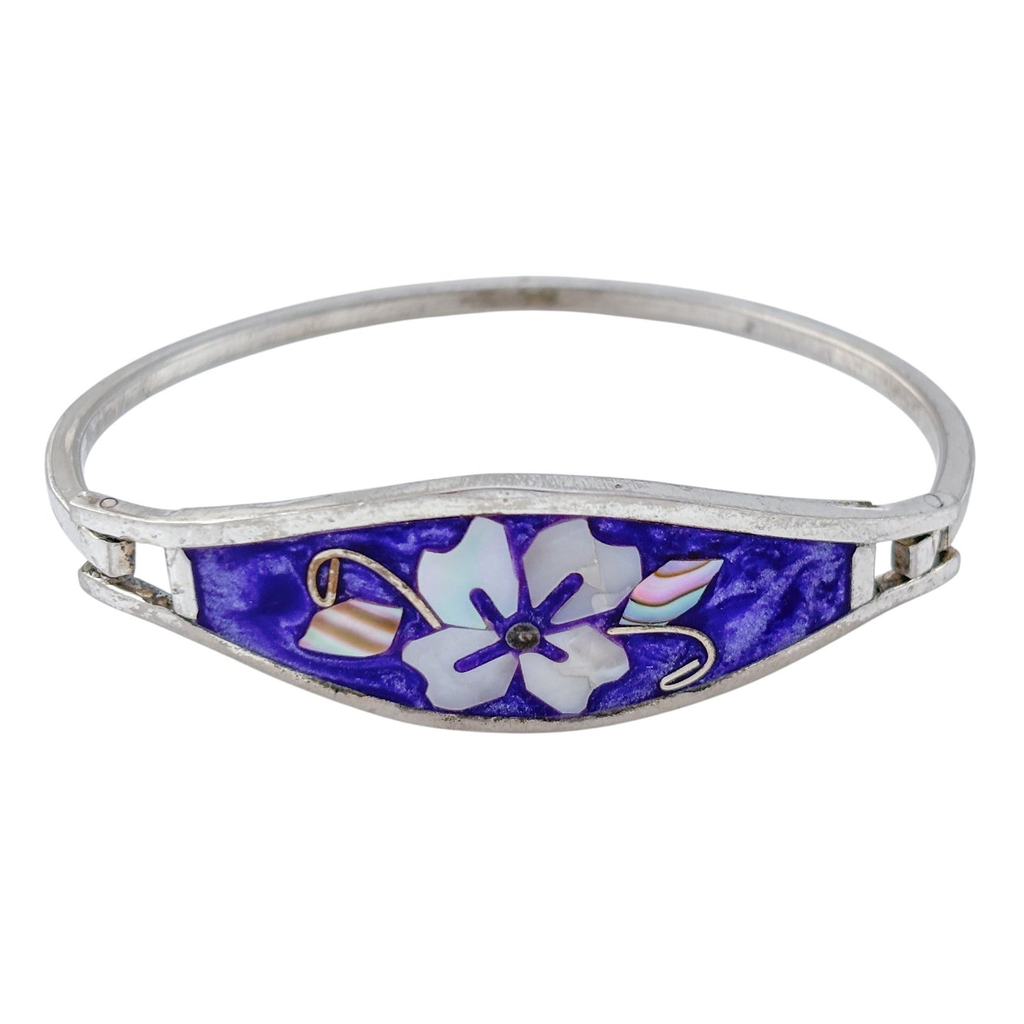 Vintage Alpaca Mexico Purple Abalone Flower Bangle Bracelet 6"