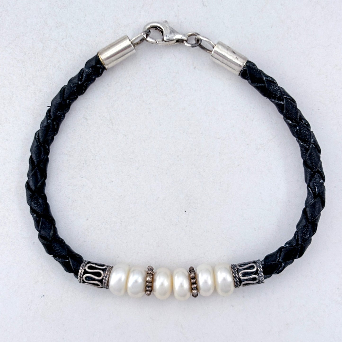 Vintage Sterling Silver 925 Pearl Leather Bracelet 7.5"