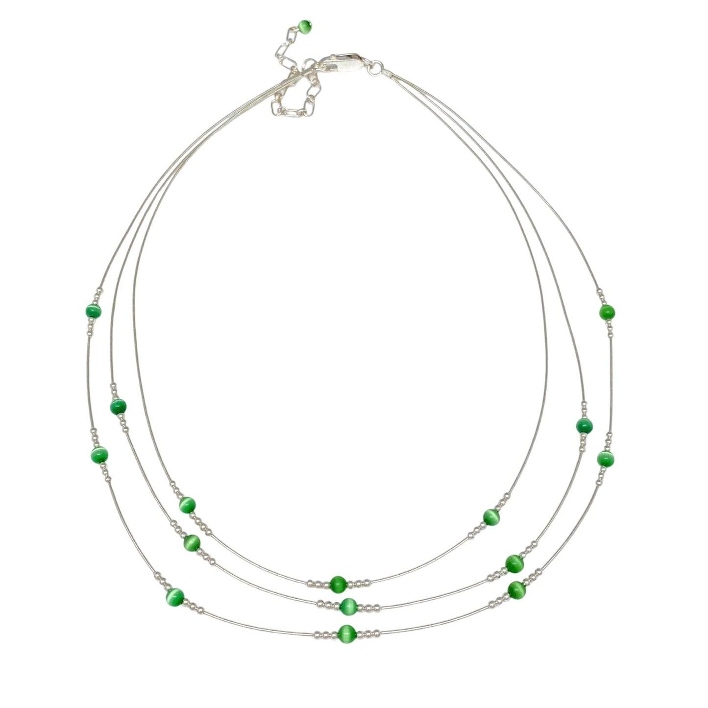 Vintage Sterling Silver 925 Triple Strand Green Cat's Eye Necklace 16”-19”