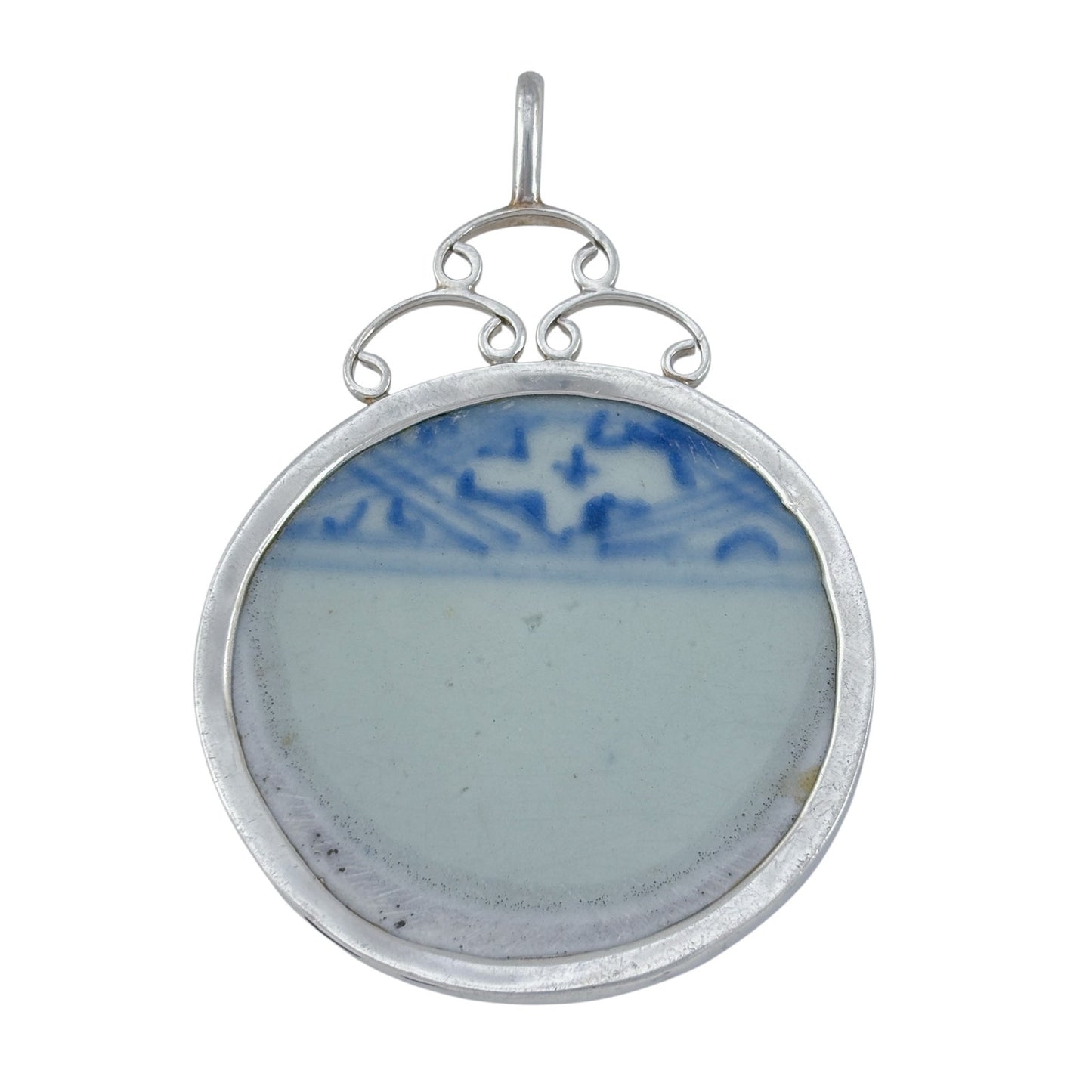 Vintage Sterling Silver 925 Blue White Porcelain Pendant