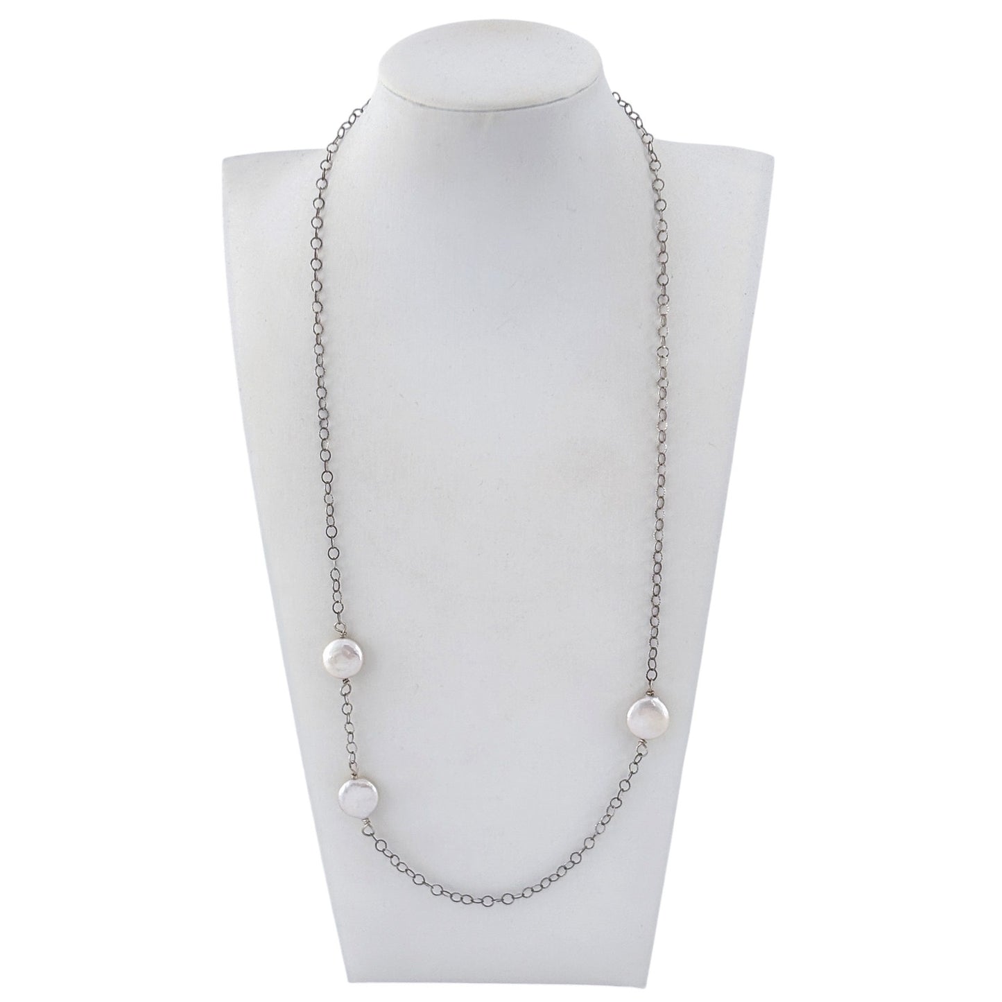 Vintage Sterling Silver 925 Coin Pearl Chain Necklace 24.5"