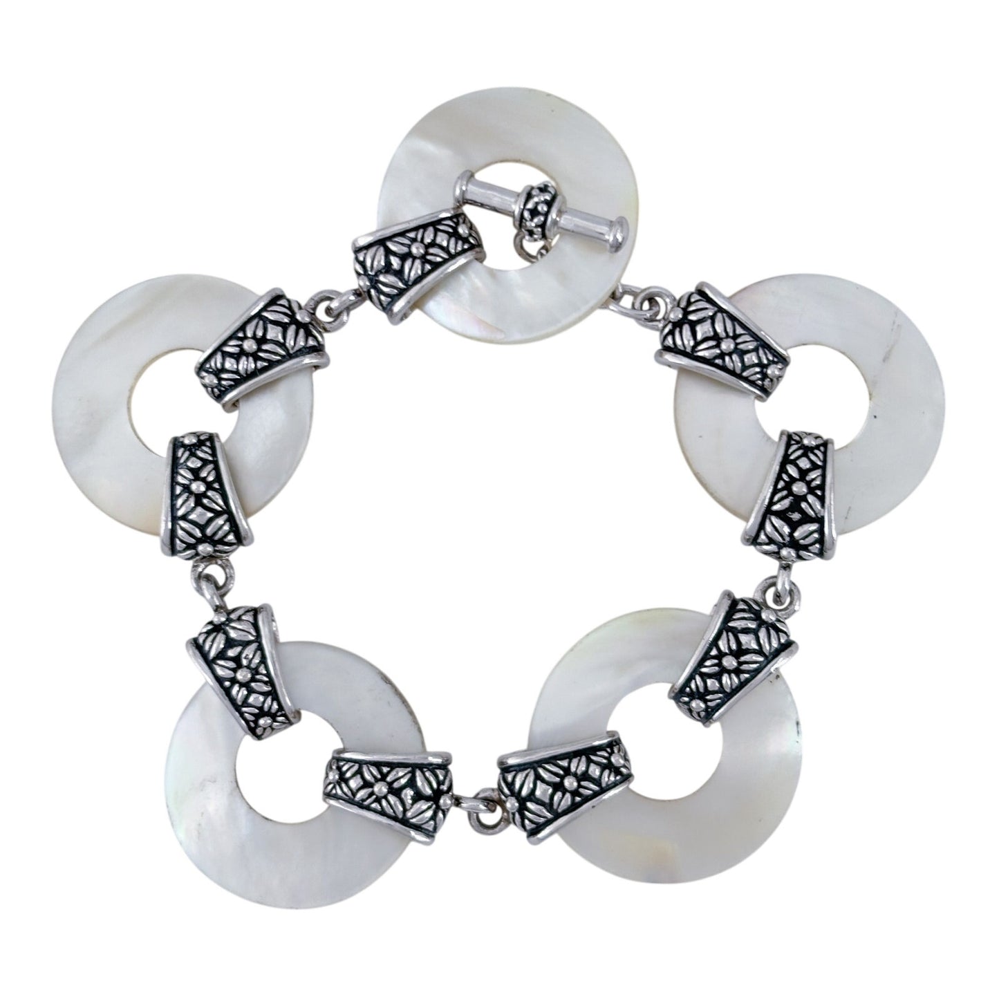 Vintage Sterling Silver 925 Mother of Pearl Disk Toggle Bracelet 6"