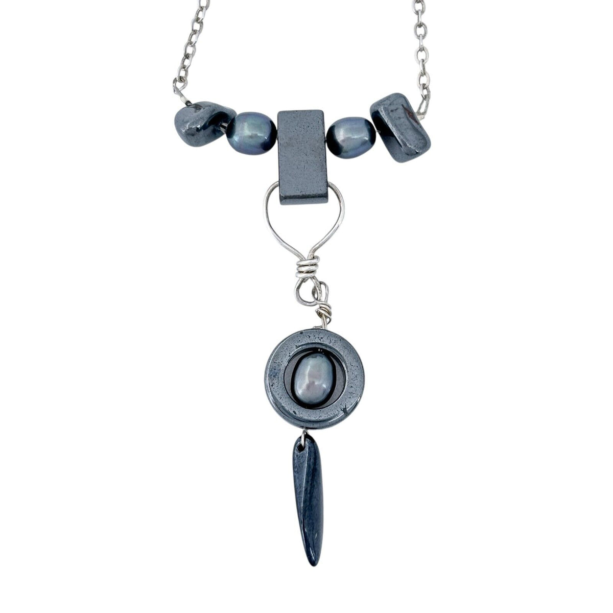 Vintage Artisan Silver-Tone Hematite Unique Pendant Necklace 19"