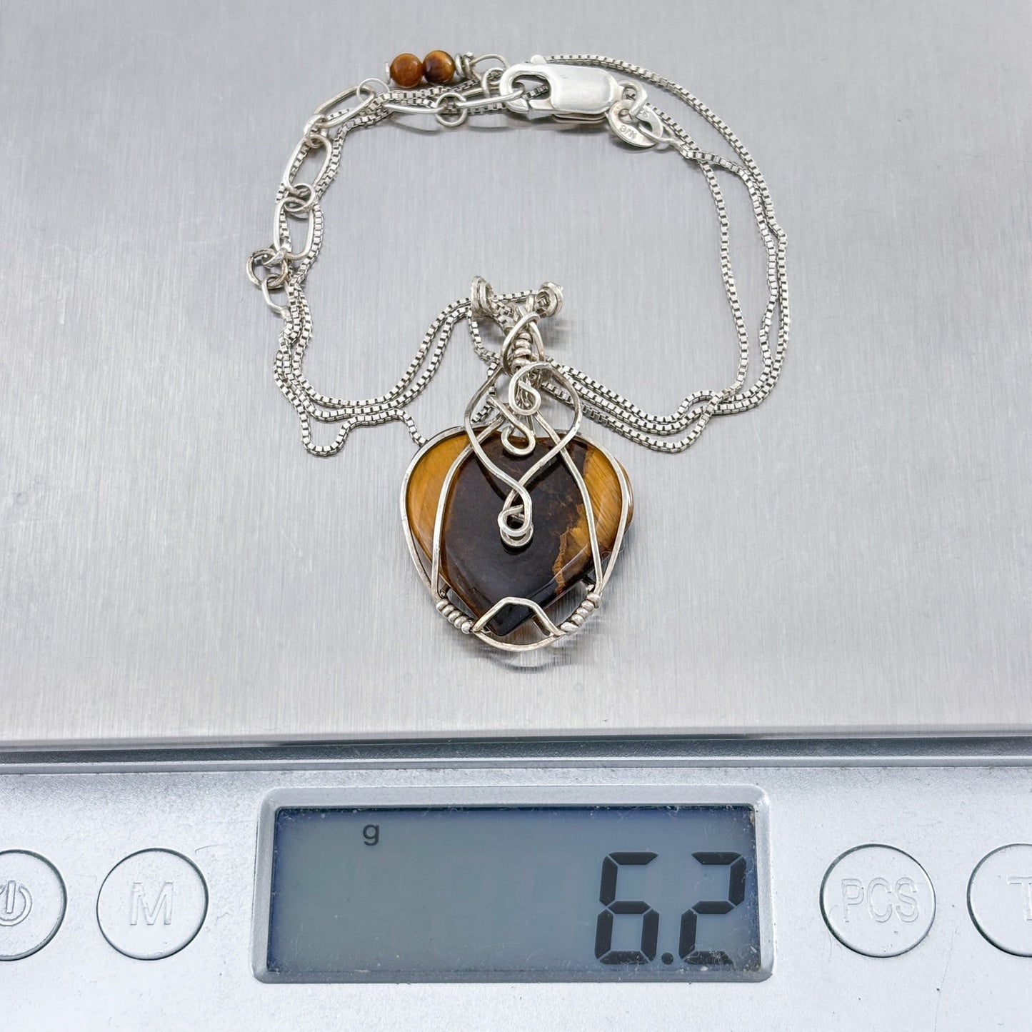 Vintage Sterling Silver 925 Tigers Eye Heart Pendant Necklace 18-20"