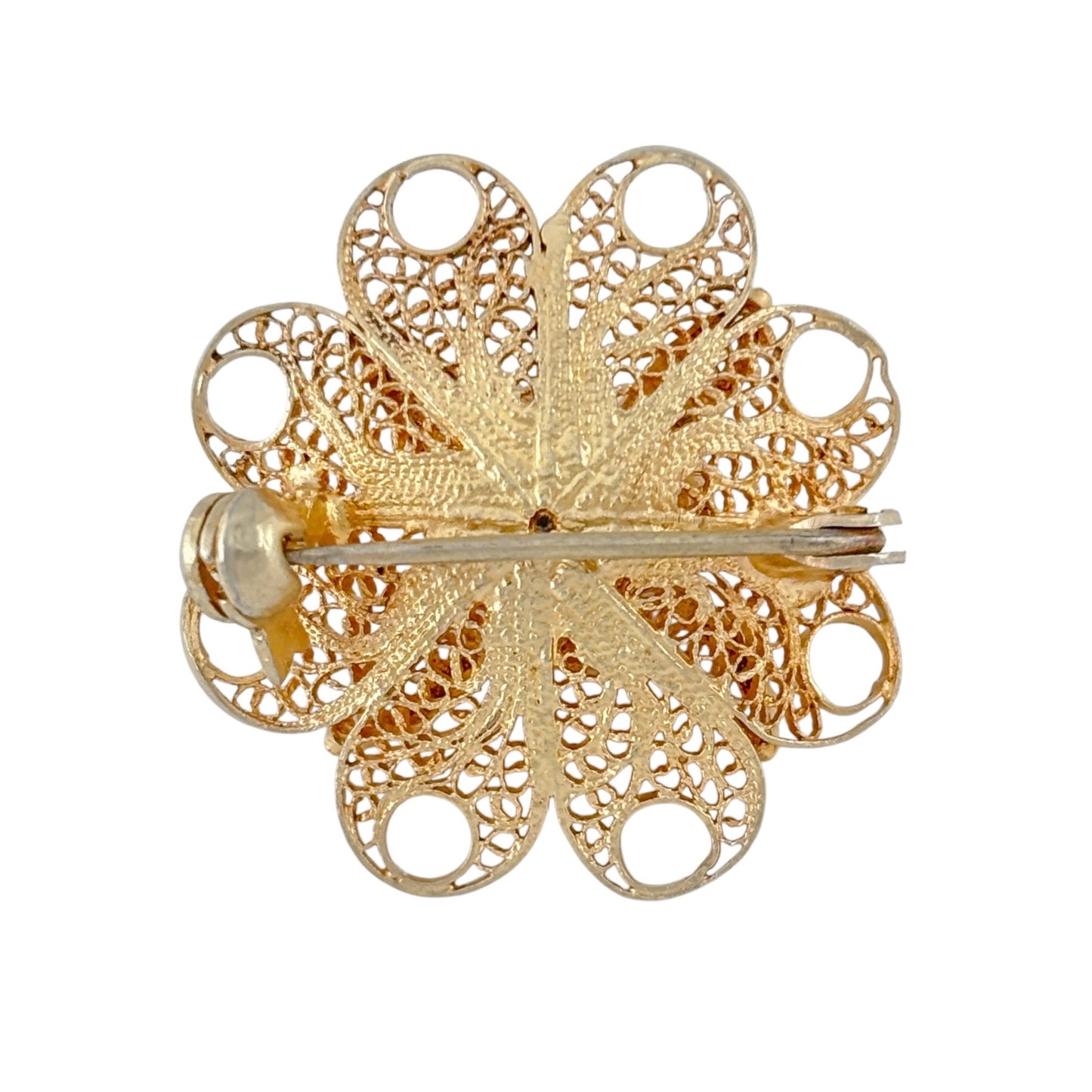 Vintage Gold-Tone Sterling Silver 925 Filigree Flower Brooch