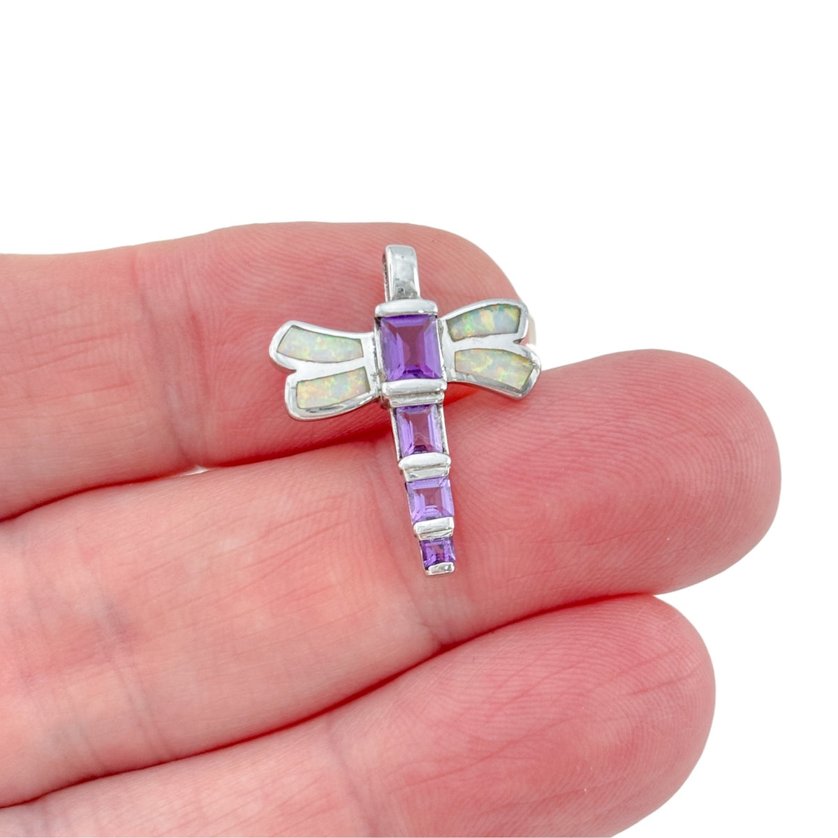 Vintage Sterling Silver 925 Opal & Amethyst Dragonfly Pendant