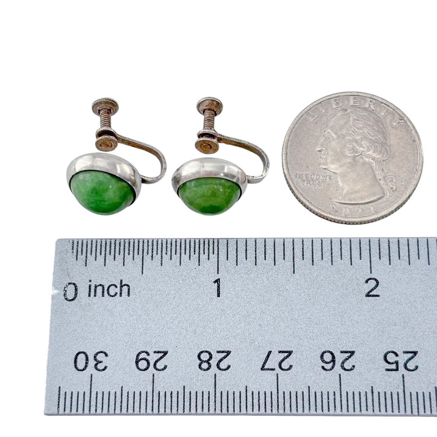 Vintage Sterling Silver 925 Nephrite Round Screw-back Earrings