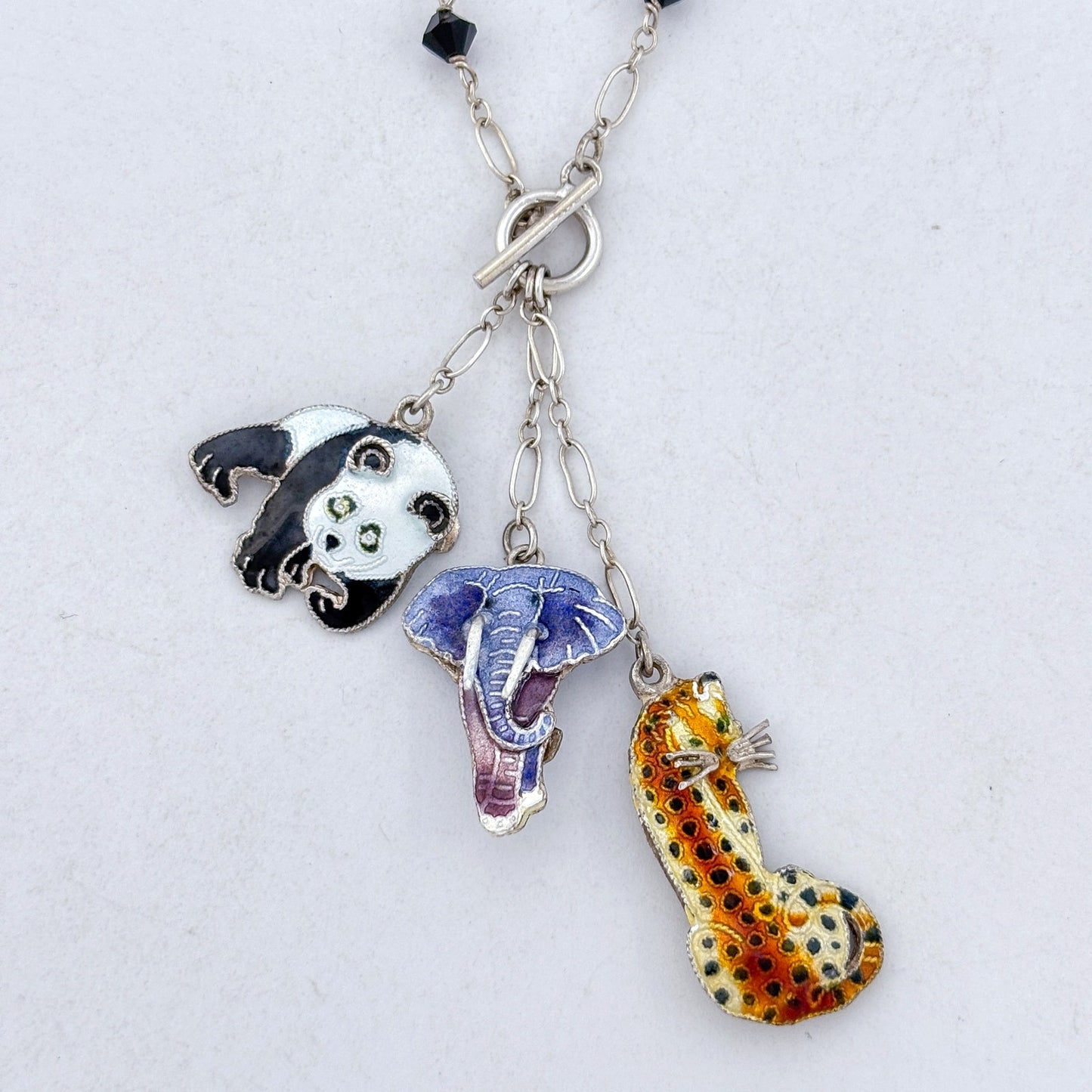 Vintage Sterling Silver 925 Zoo Panda Elephant Leopard Necklace 16"