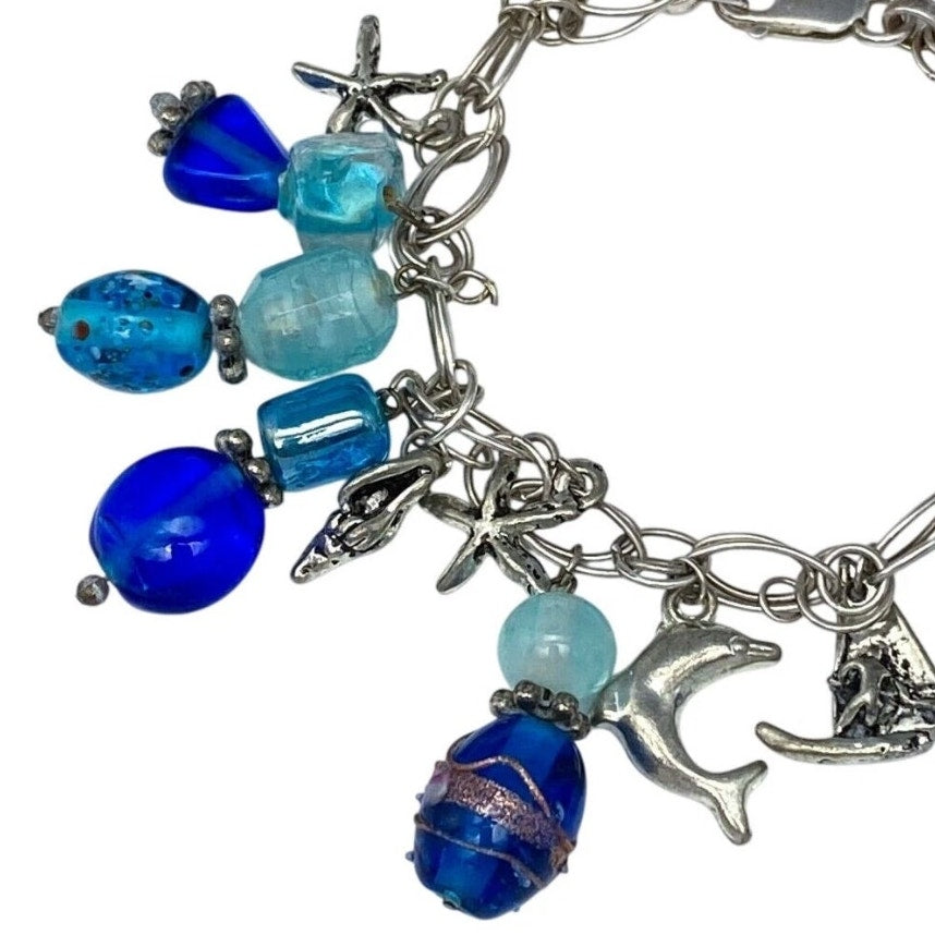 Vintage Sterling Silver 925 Ocean Charm Bracelet 7"