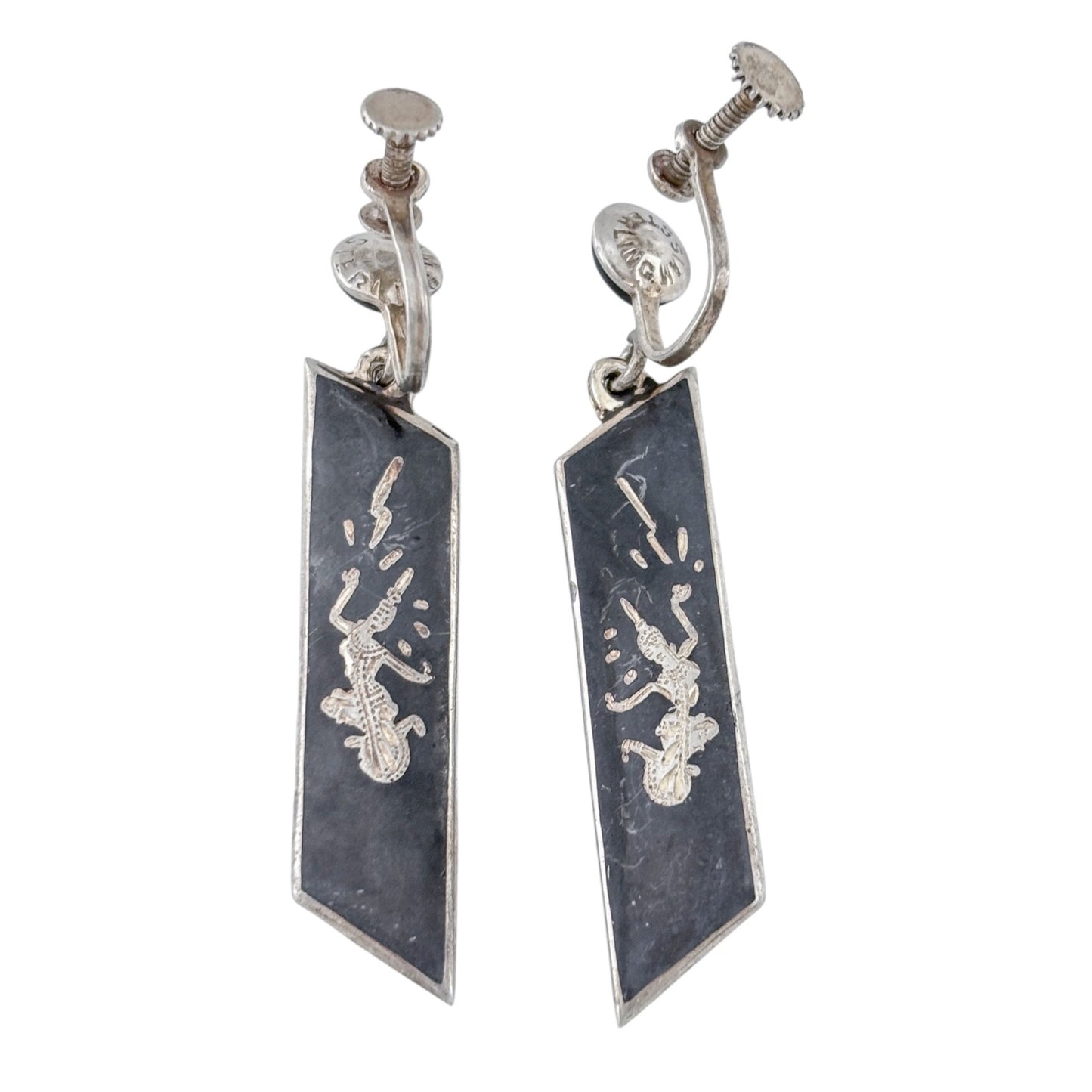Vintage Sterling Silver 925 Black Siam Niello Long Drop Earrings