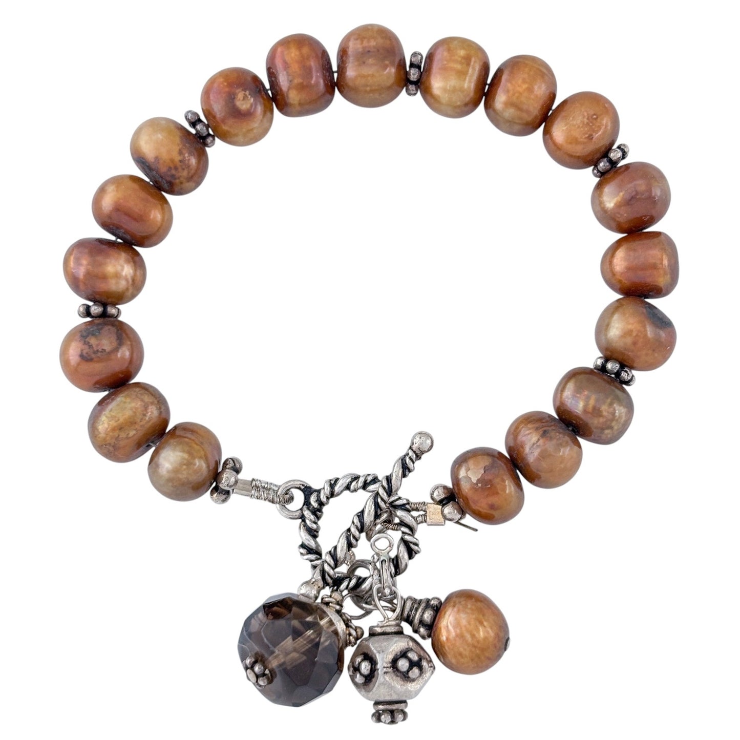 Vintage Sterling Silver 925 Brown Pearl Beaded Charm Bracelet 6.75"