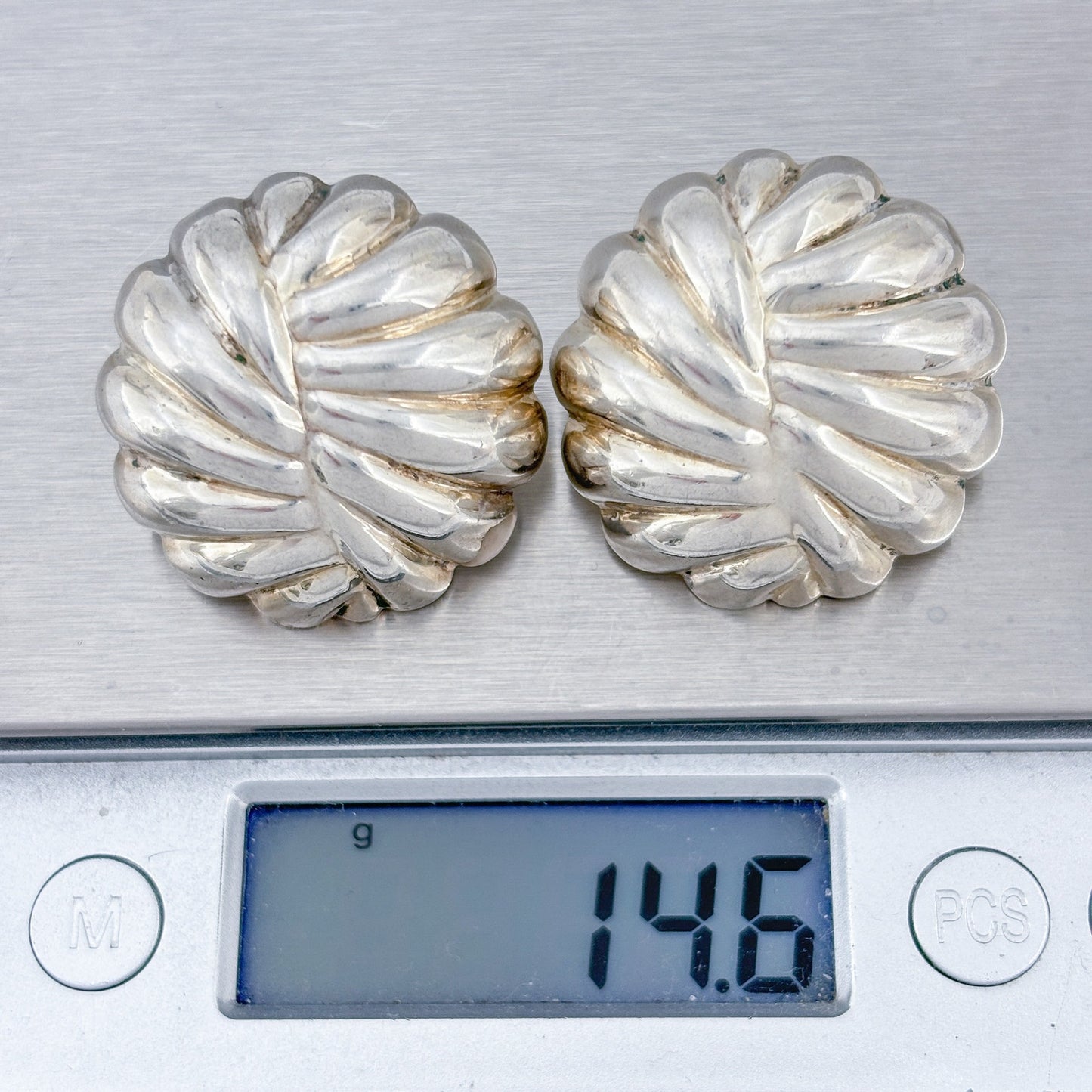 Vintage Sterling Silver 925 Ribbed Dome Clip On Earrings