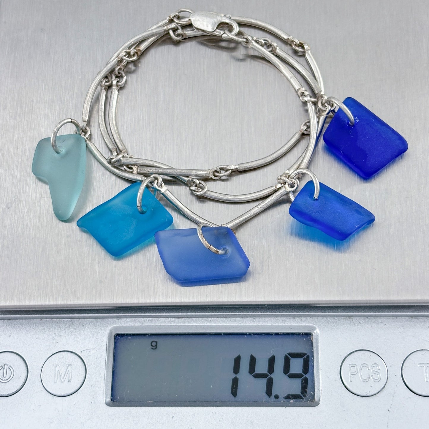 Vintage Sterling Silver 925 Blue Sea Glass Drop Necklace 17.5"