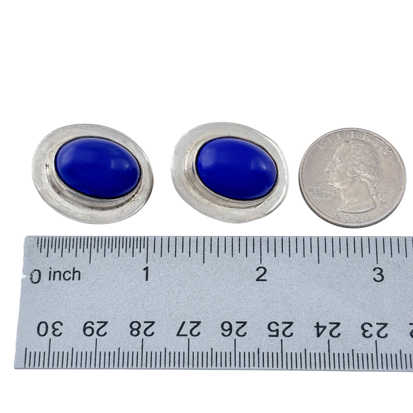 Vintage Mexican Taxco Sterling Silver 925 Blue Cabochon Clip On Earrings