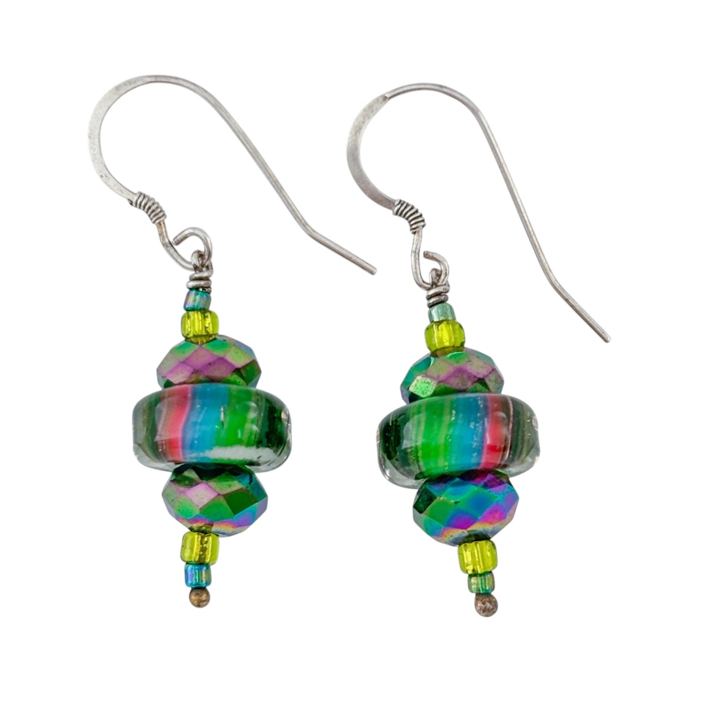 Vintage Sterling Silver 925 Green Rainbow Glass Bead Dangle Earrings