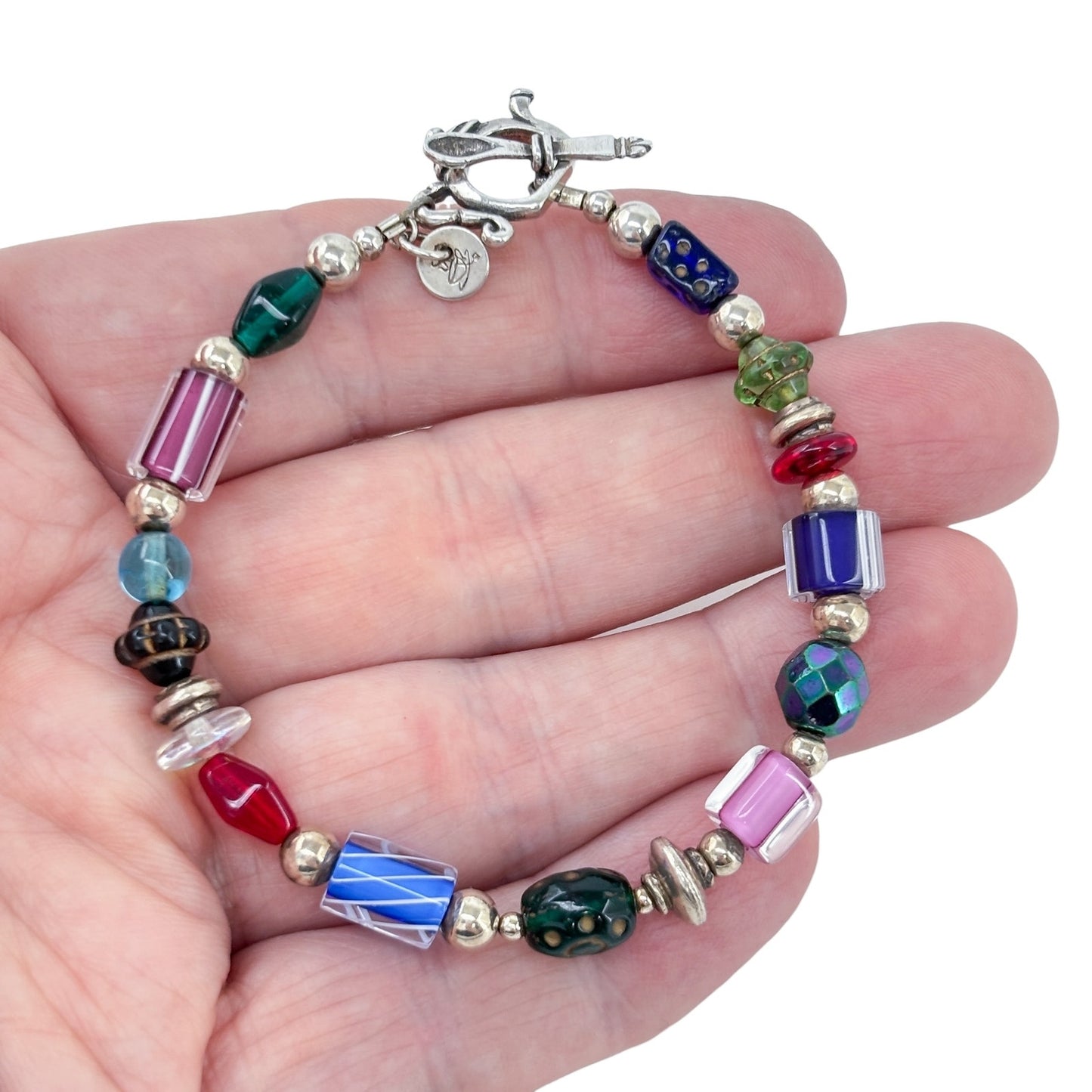 Estate Sterling Silver 925 Multi Glass Bead Teapot Spoon Clasp Bracelet 7.5"