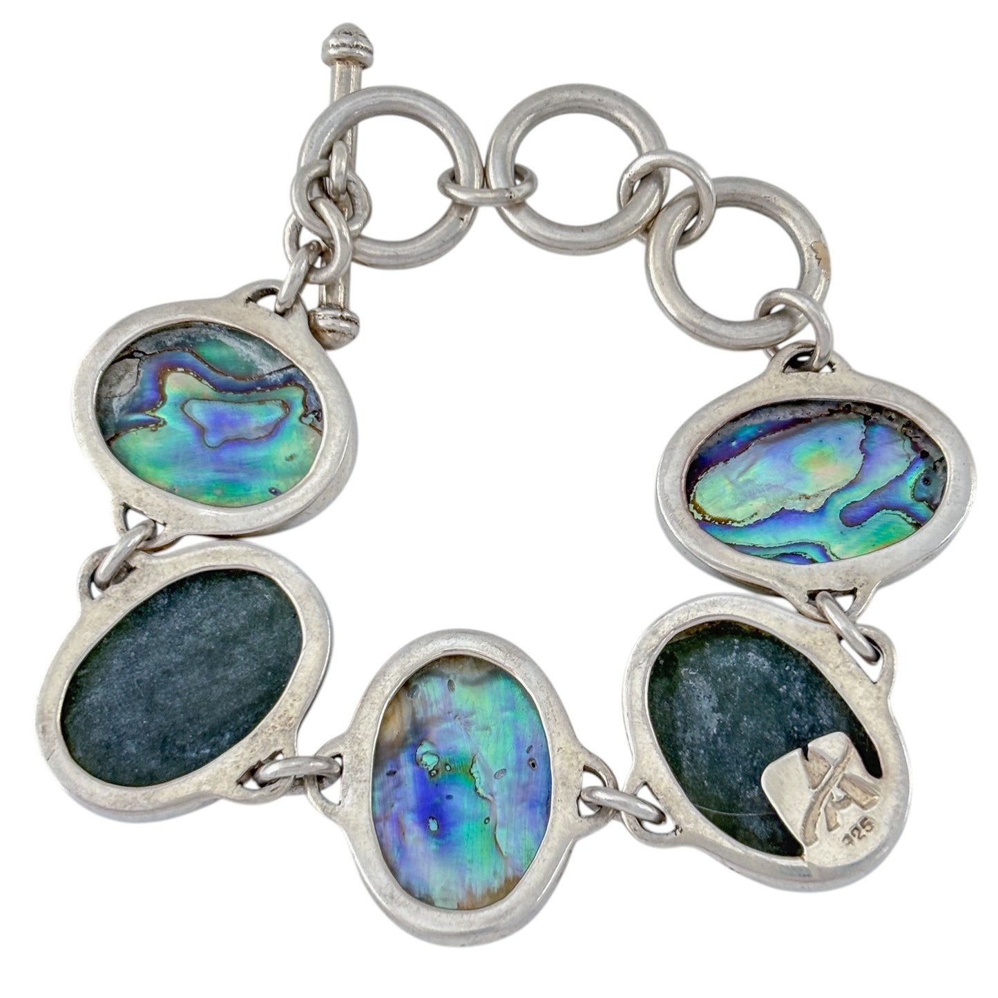 Vintage Sterling Silver 925 Abalone and Nephrite Link Bracelet 6-7"