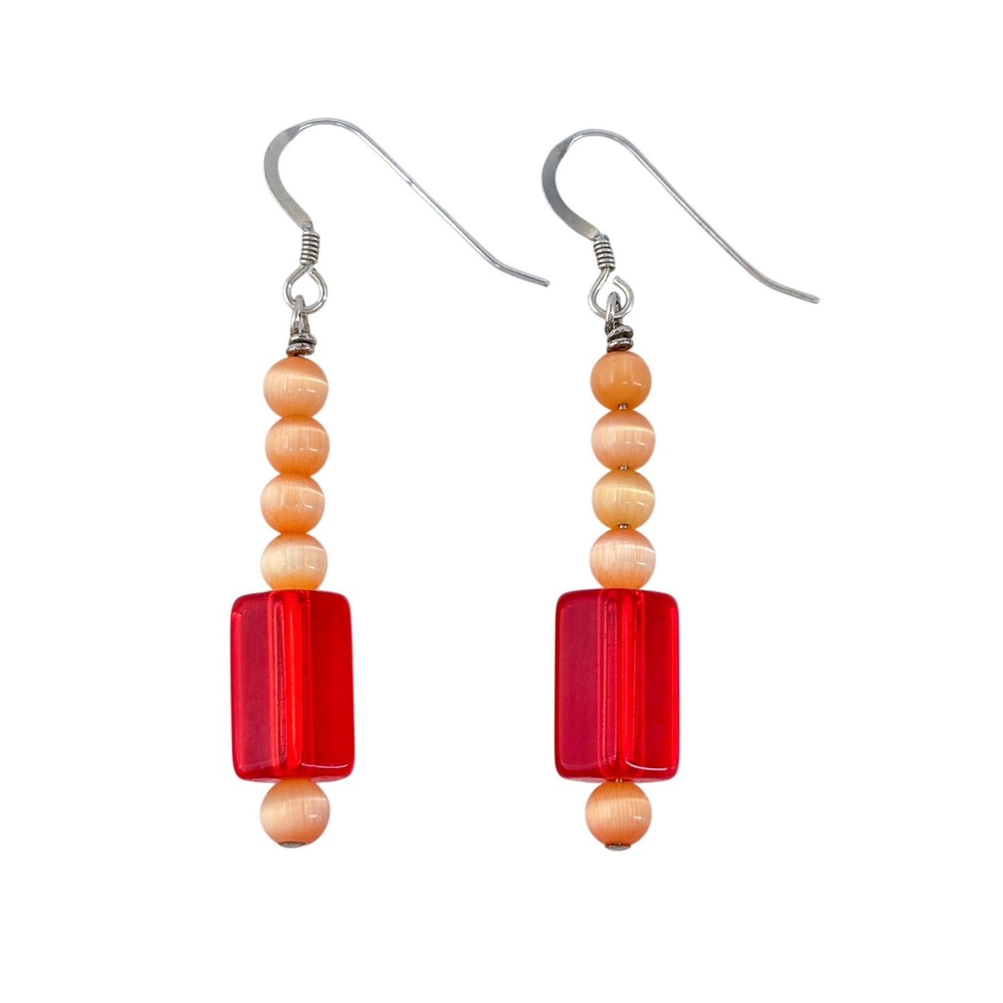 Vintage Sterling Silver 925 Red Glass Bead Drop Earrings