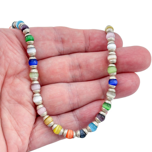 Vintage Heavy 33.7g Sterling Silver 925 Multicolor Glass Beaded Necklace 16"