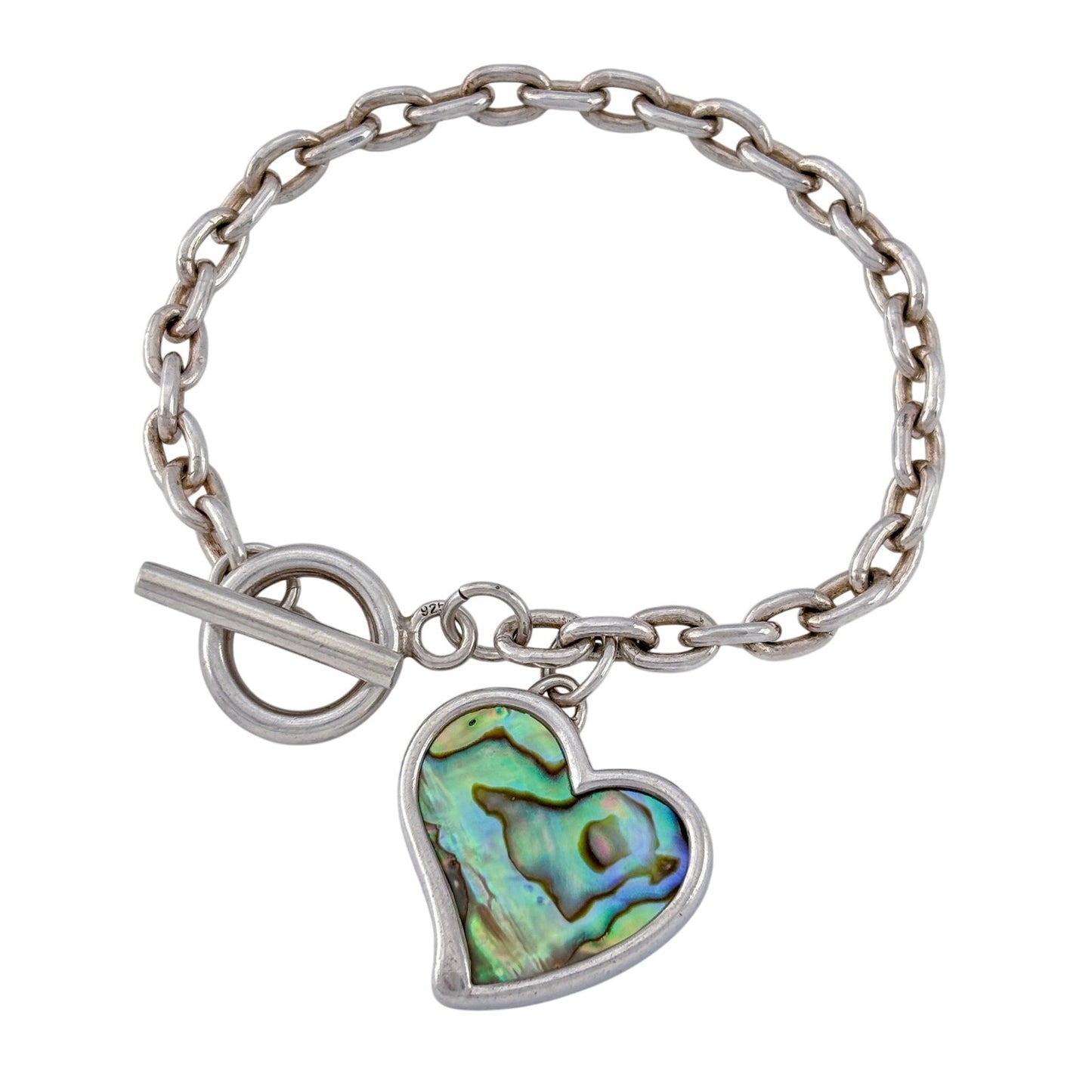 Vintage Sterling Silver 925 Abalone Heart Charm Bracelet 7"