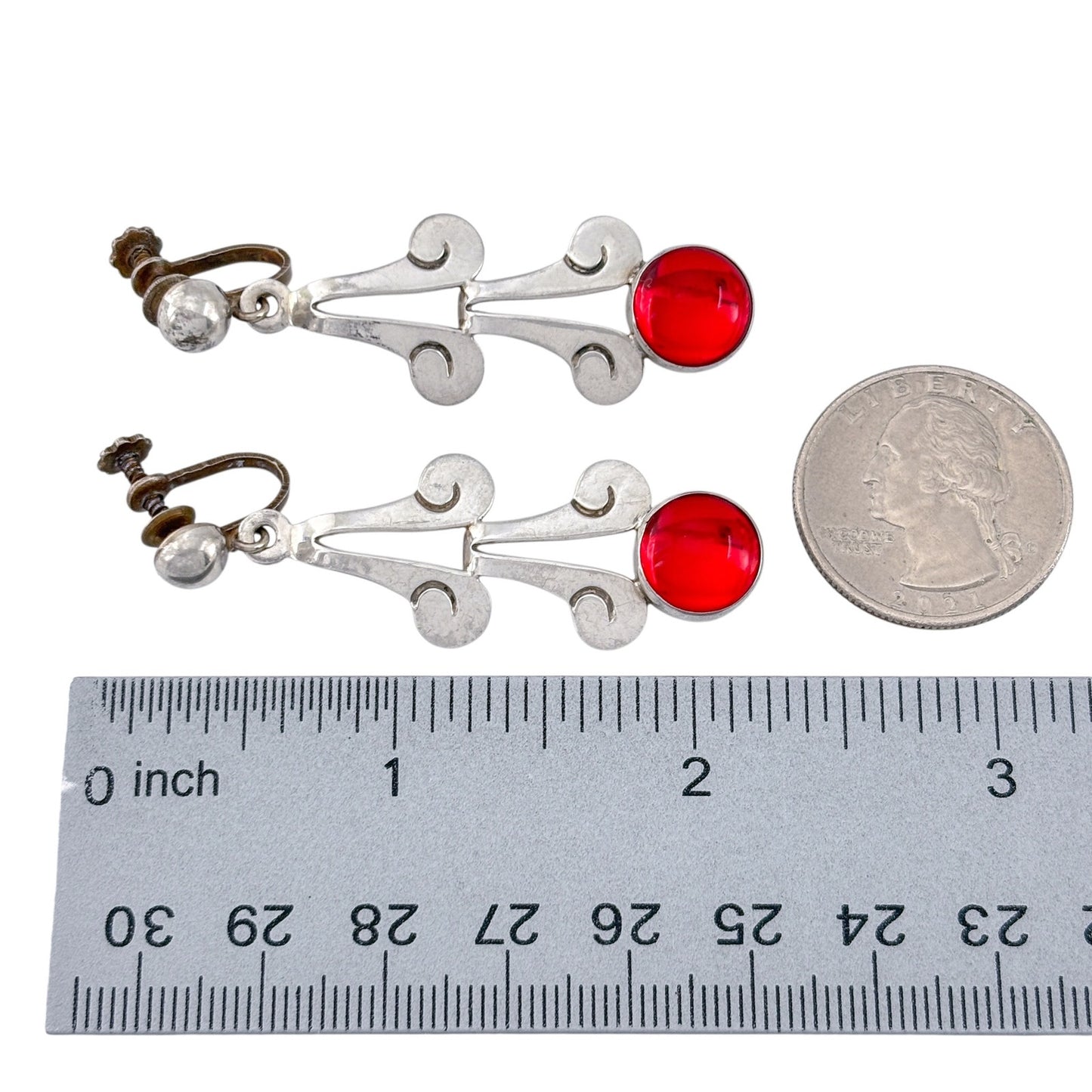 Vintage Sterling Silver 925 Red Glass Dangle Earrings