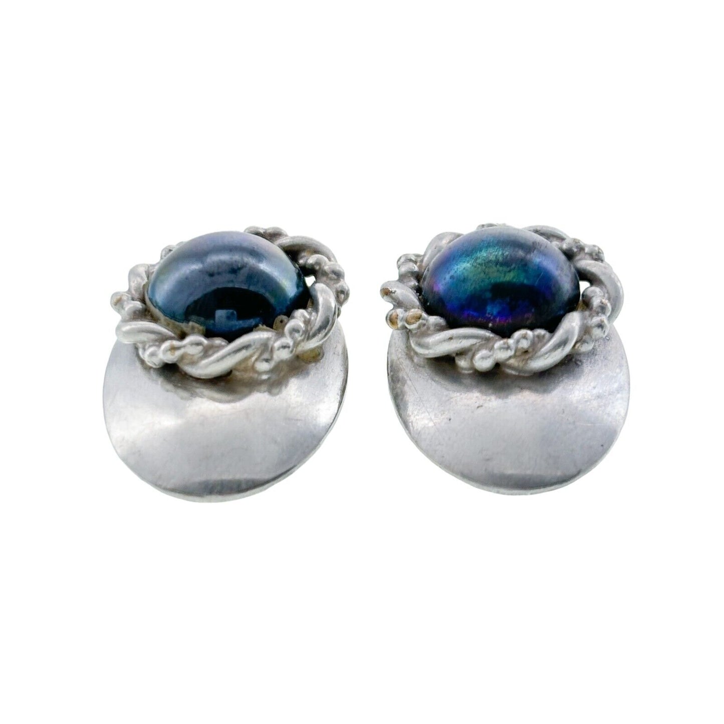 Vintage Silver-Plated Iridescent Glass Cabochon Clip-On Earrings