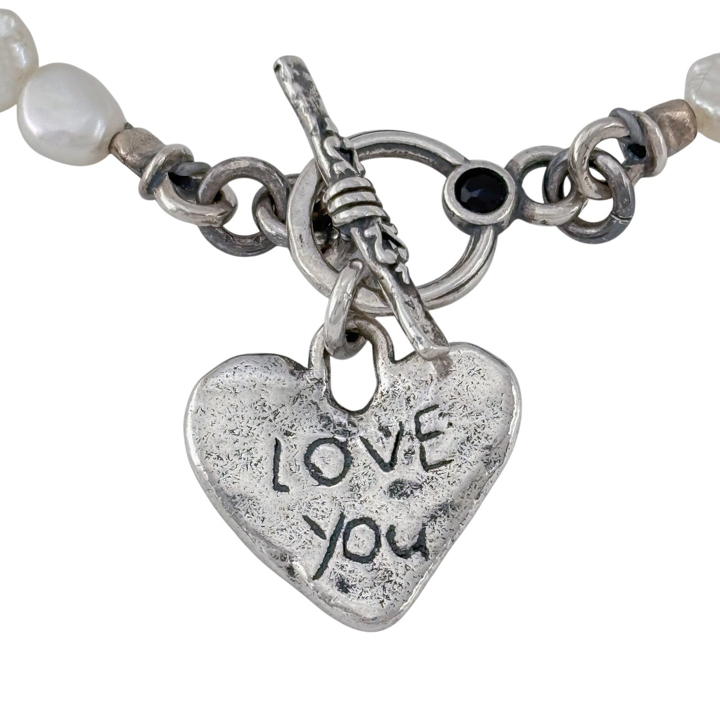 Vintage Sterling Silver 925 Pearl Love You Heart Bracelet 8"