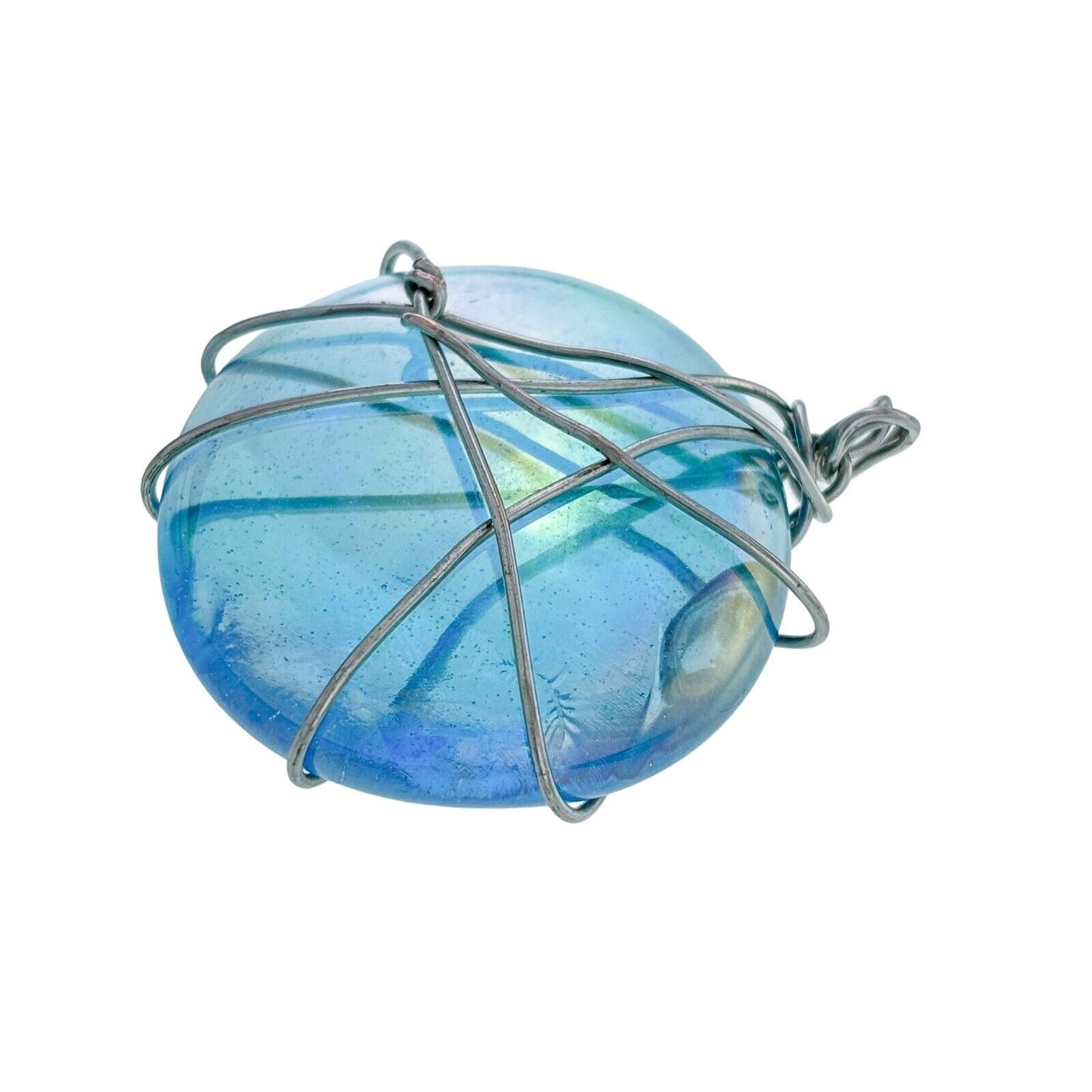Vintage Silver-Tone Wire Wrapped Iridescent Blue Cabochon Pendant