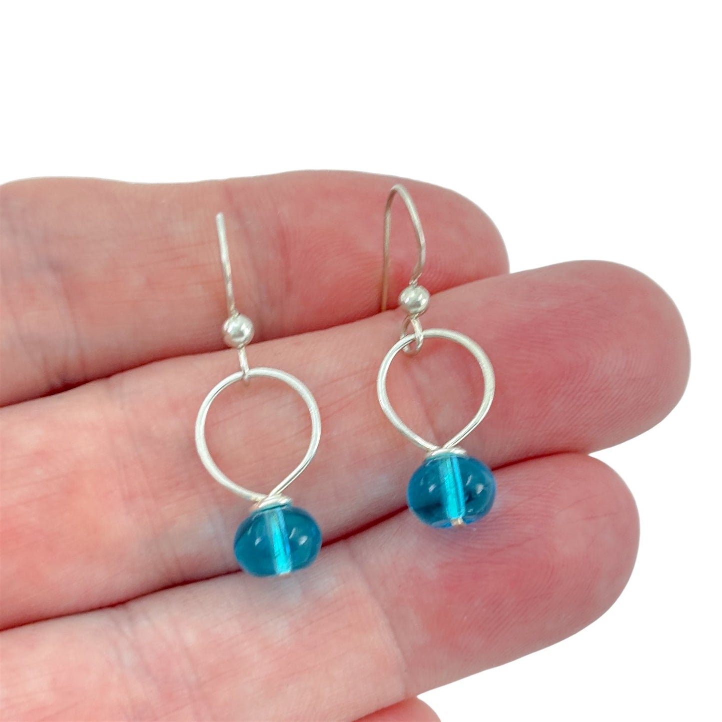 Vintage Sterling Silver 925 Blue Glass Hoop Dangle Earrings