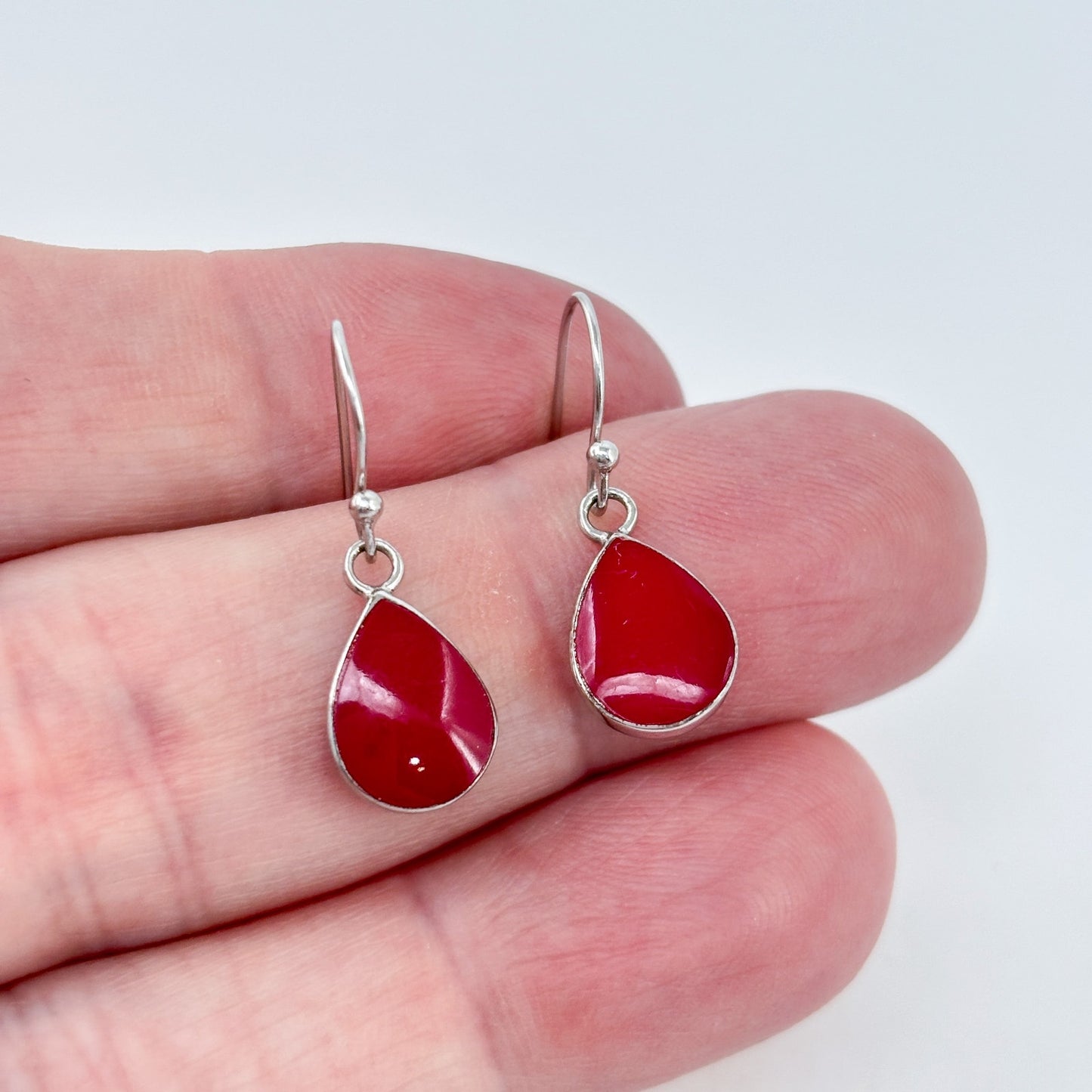 Vintage Sterling Silver 925 Red Enamel Dangle Earrings