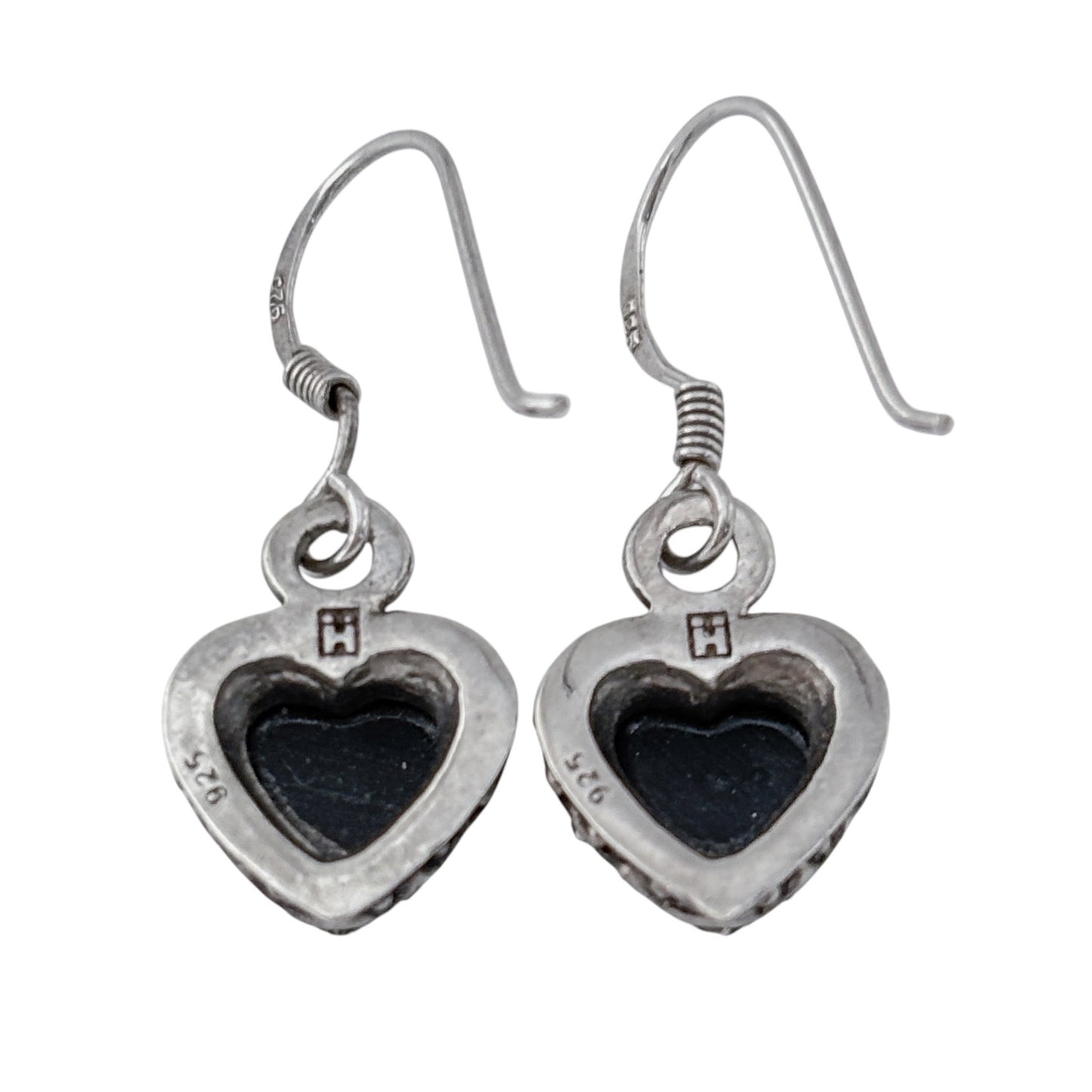 Vintage Sterling Silver 925 Black Onyx Heart Dangle Earrings