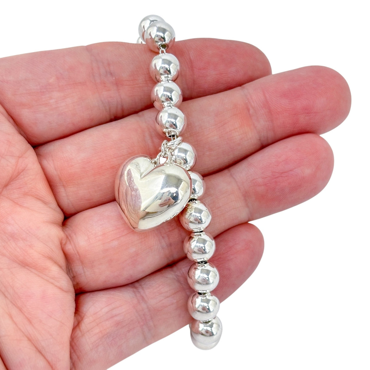 Vintage Milor Sterling Silver 950 Puffy Heart Charm Ball Bead Bracelet | 8.25"