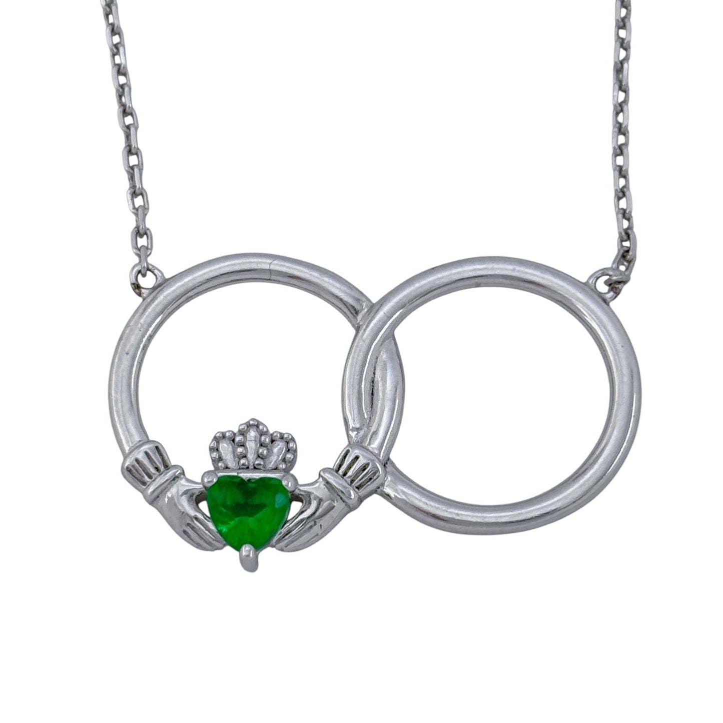 Vintage Sterling Silver 925 Claddagh Lab-Created Emerald Necklace 18"
