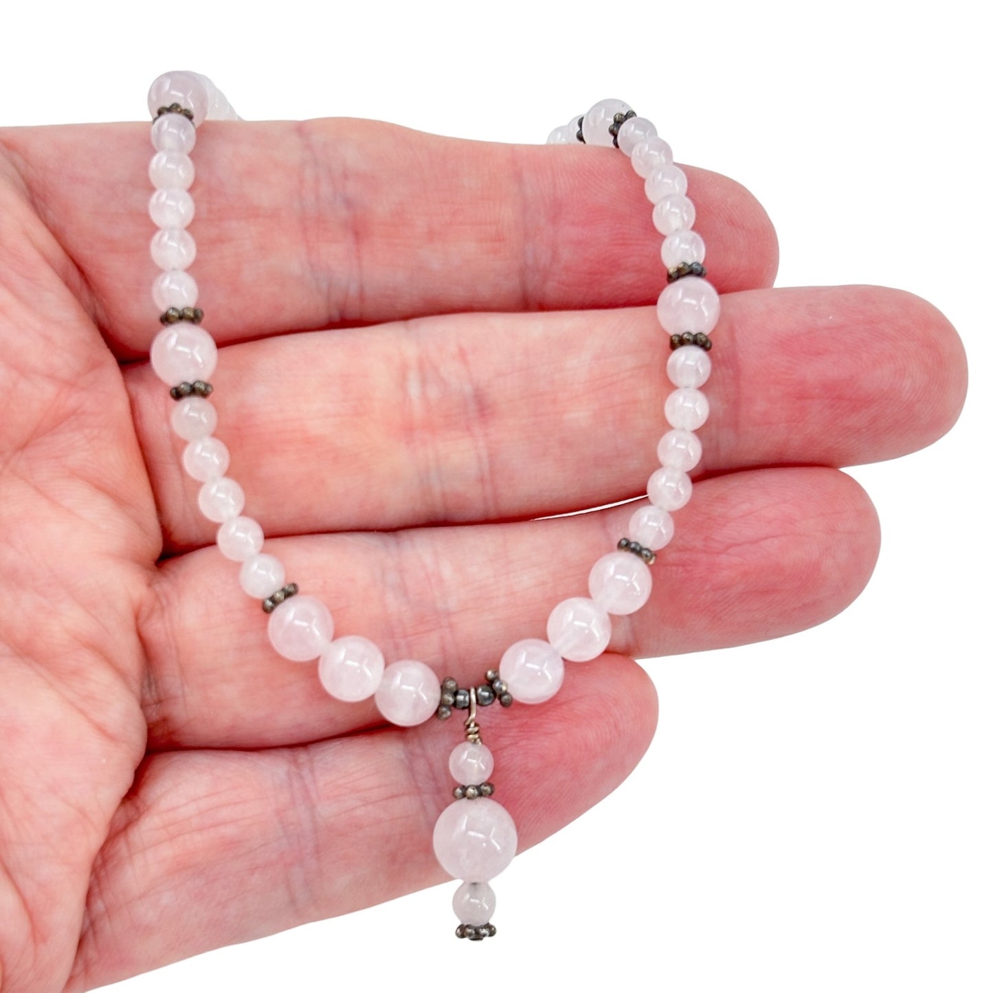 Vintage Sterling Silver 925 Rose Quartz Teapot Spoon Clasp Necklace 14"