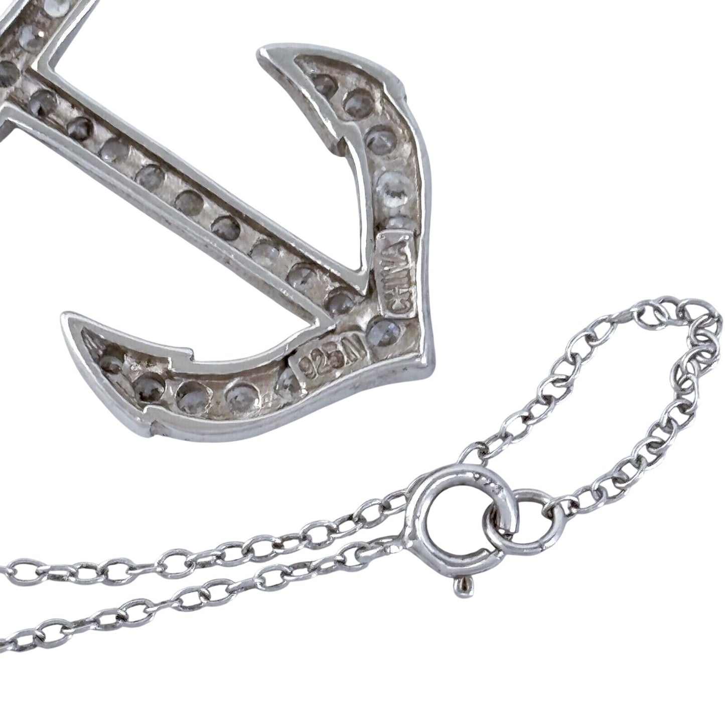Estate Sterling Silver 925 Anchor Pendant Necklace with Cubic Zirconia 18.5"