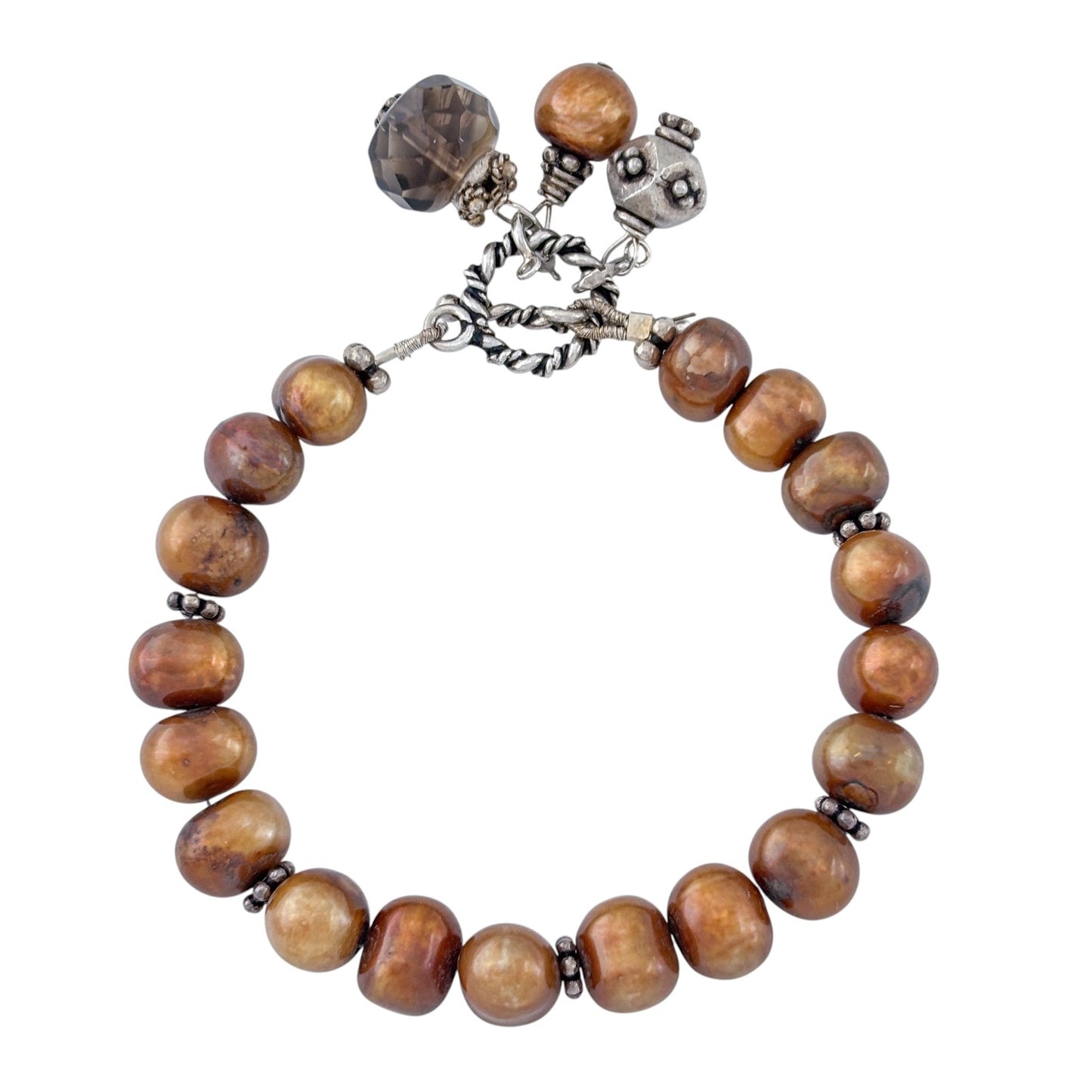 Vintage Sterling Silver 925 Brown Pearl Beaded Charm Bracelet 6.75"