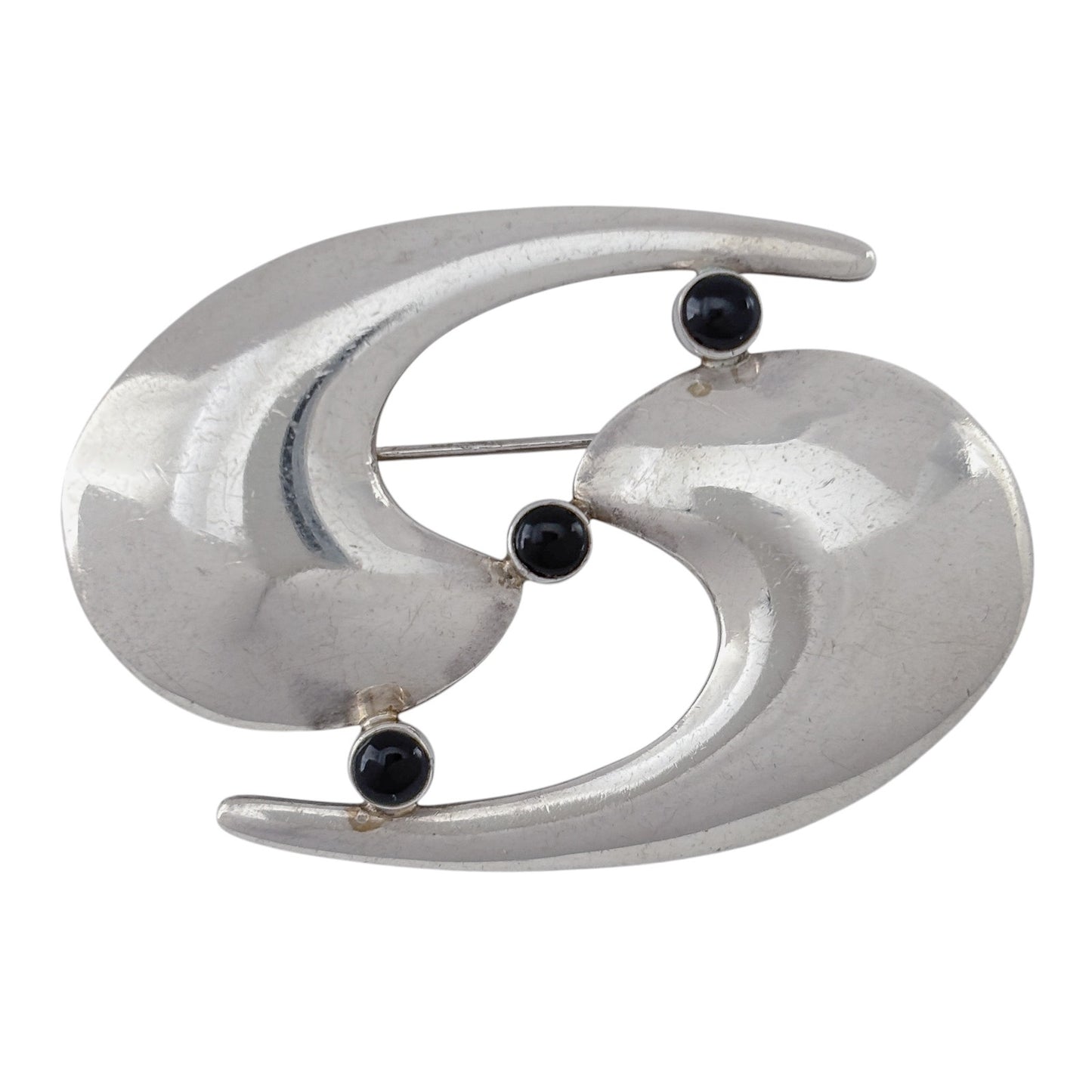 Vintage Sterling Silver 925 Abstract Swirl Onyx Brooch