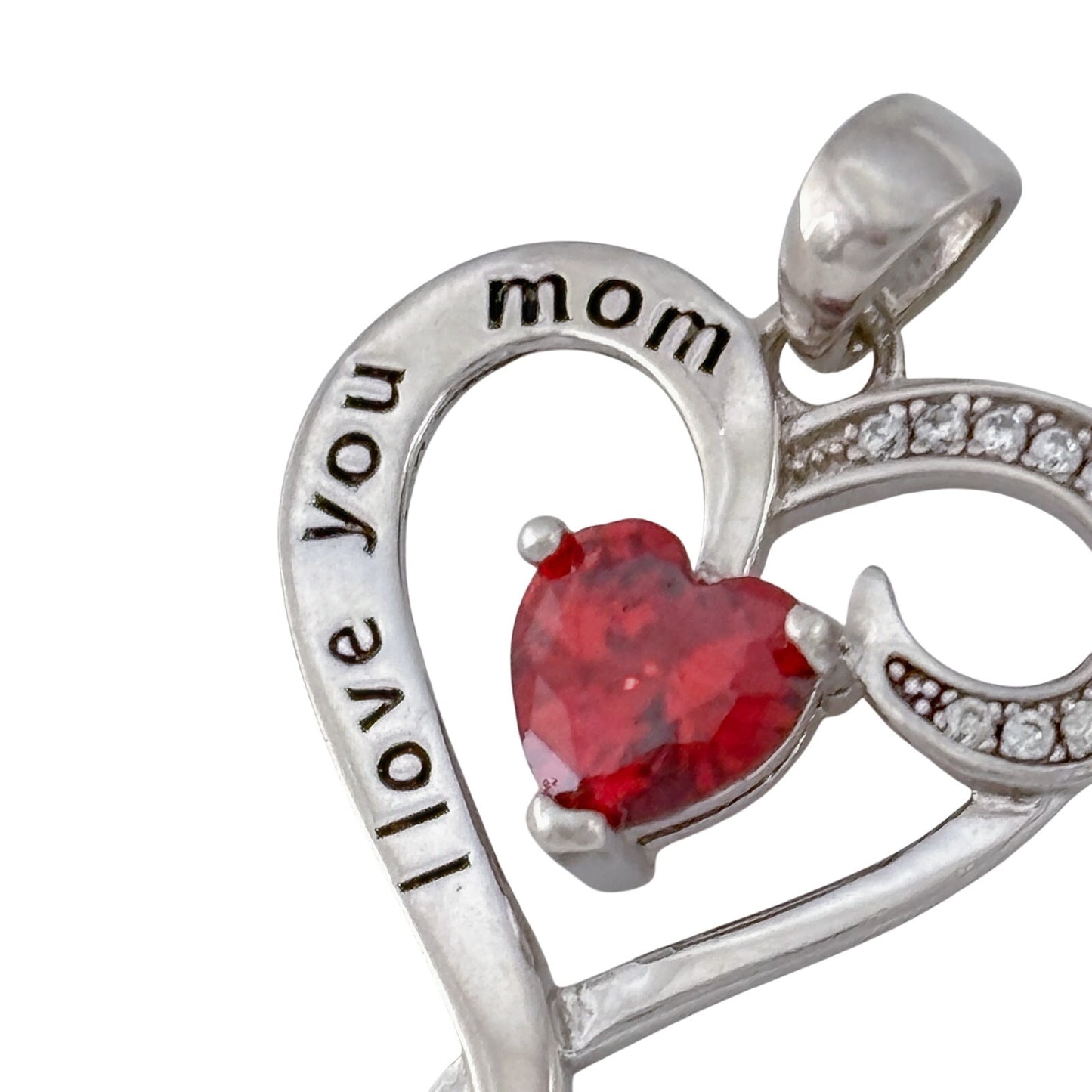 Vintage Sterling Silver 925 Simulated Ruby Mom Heart Pendant