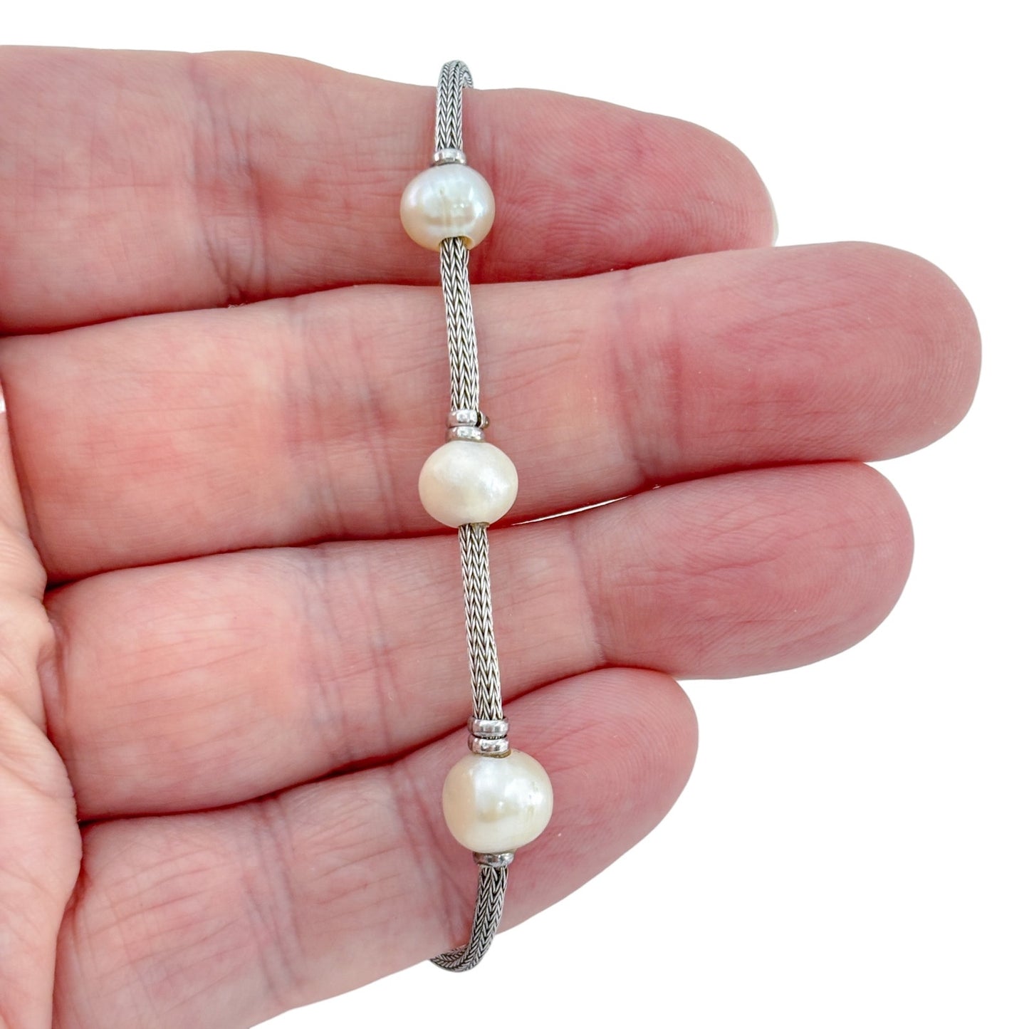 Vintage Sterling Silver 925 Pearl Mesh Chain Bracelet 6.5"-7.5"
