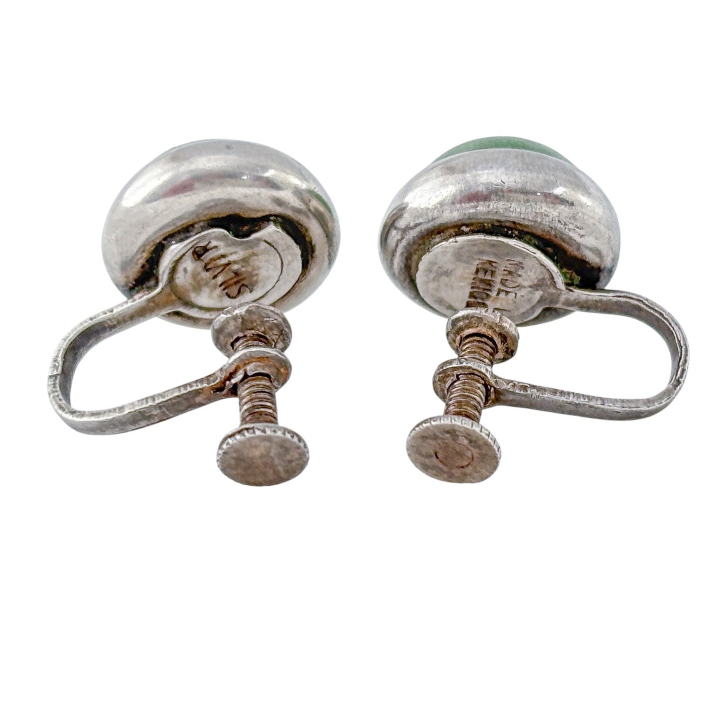 Vintage Sterling Silver 925 Nephrite Round Screw-back Earrings